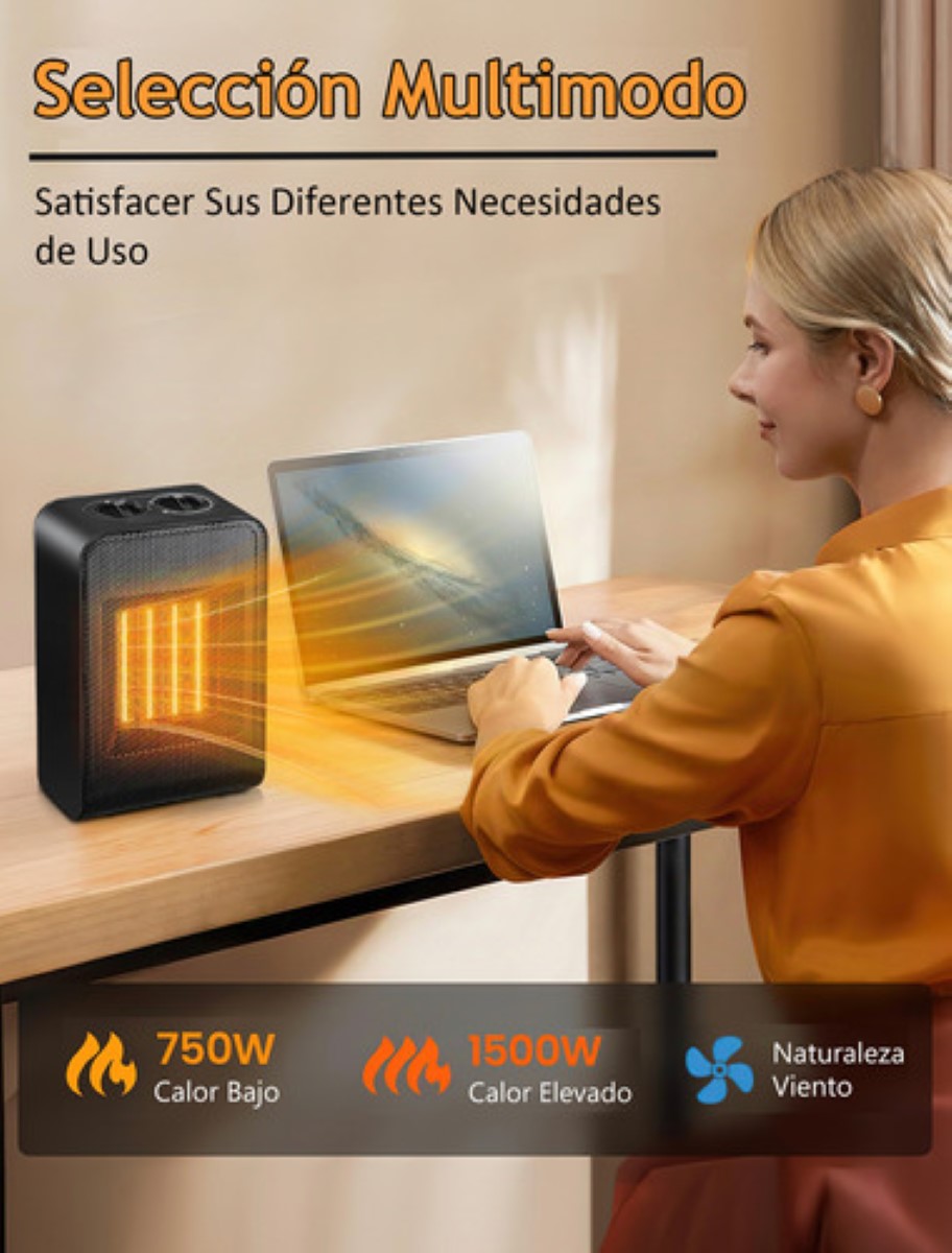 Calefactor Eléctrico Calentador Portátil Ptc 3 Niveles 1500w NEGRO