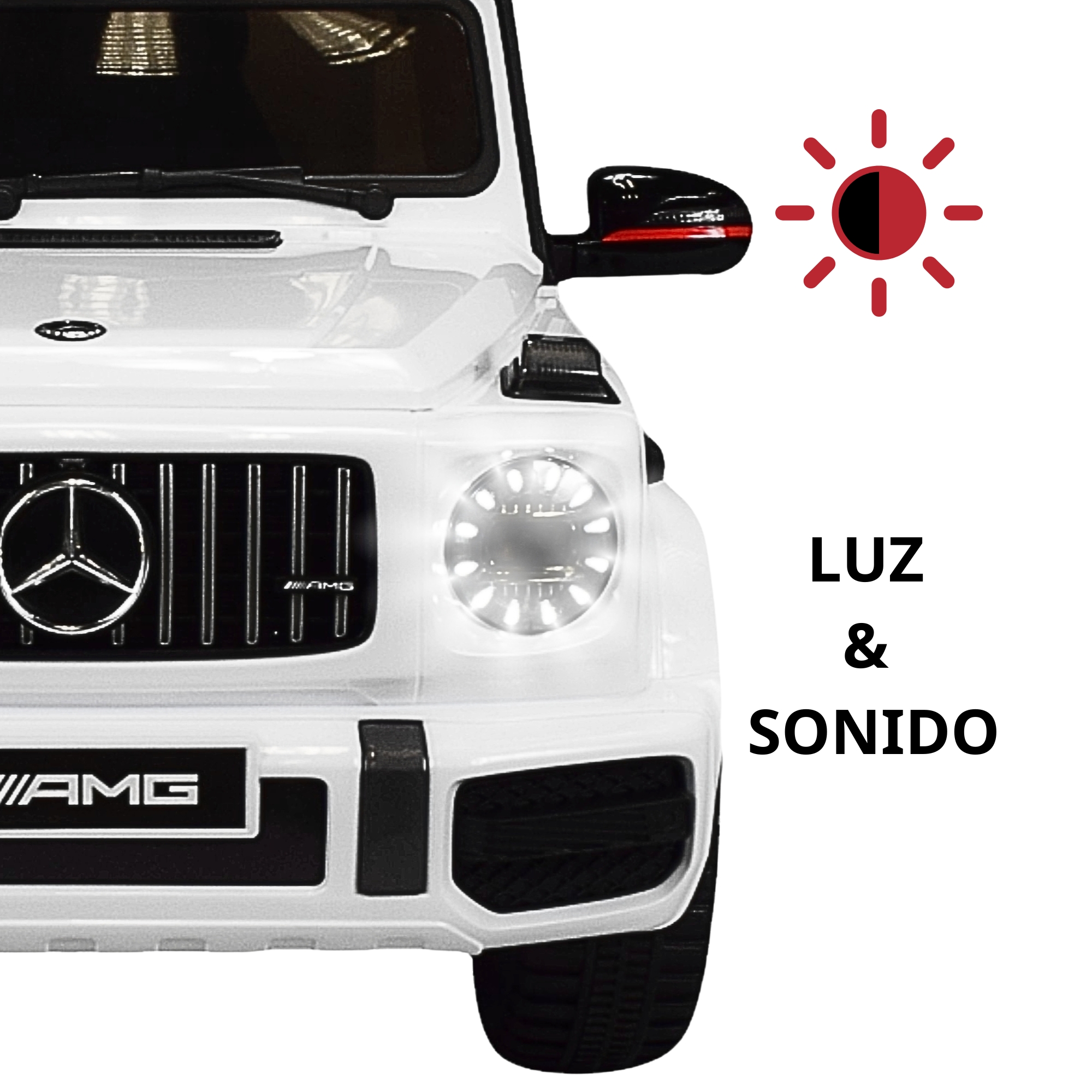 Montable Electrico AMG Camioneta Mercedes-Benz G63 Control Remoto 12v Luz y Sonido Conexión USB, Micro SD, MP3 Soporta Hasta 35 kg - Blanco