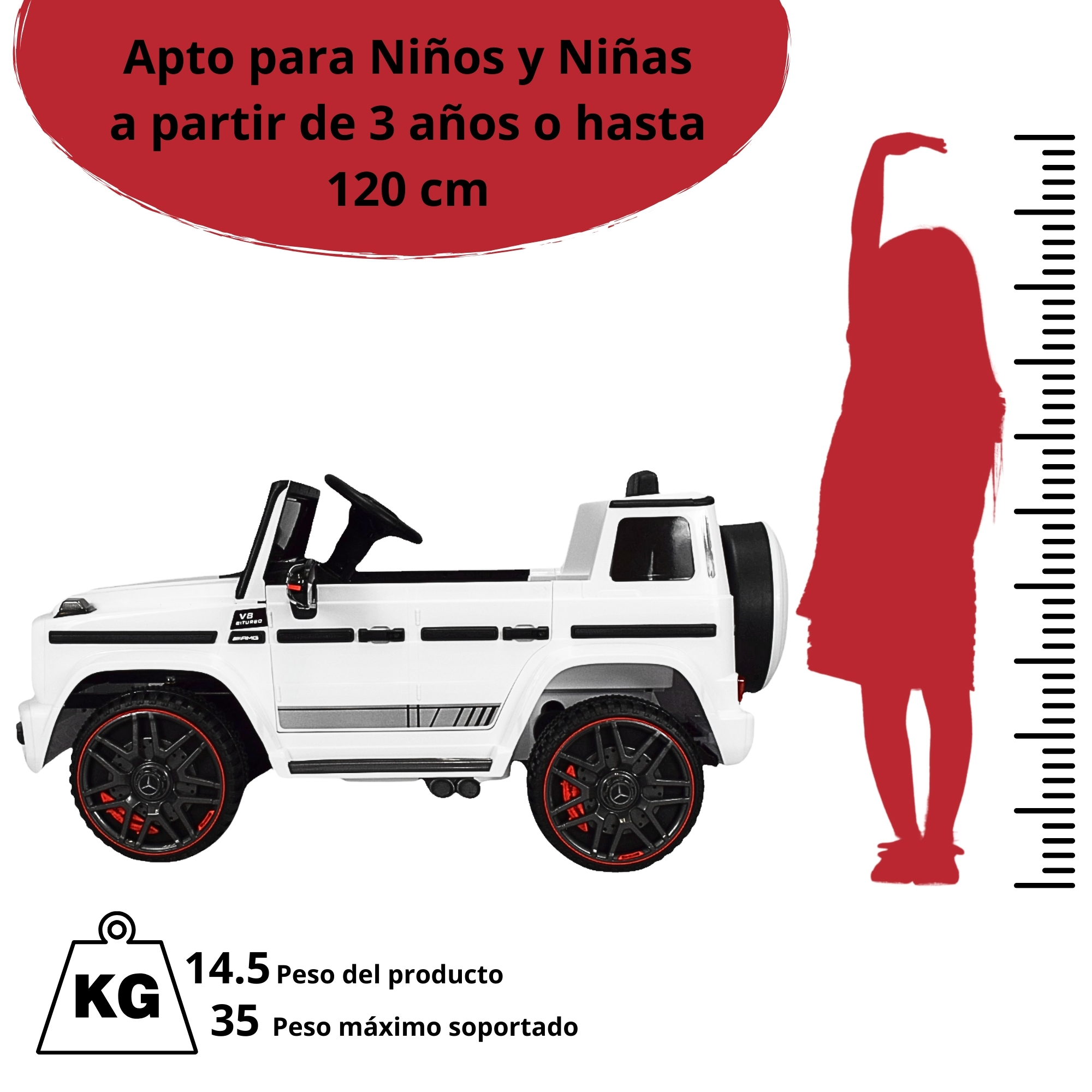 Montable Electrico AMG Camioneta Mercedes-Benz G63 Control Remoto 12v Luz y Sonido Conexión USB, Micro SD, MP3 Soporta Hasta 35 kg - Blanco