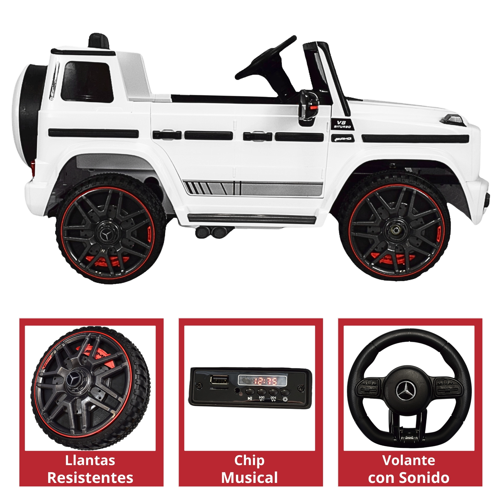 Montable Electrico AMG Camioneta Mercedes-Benz G63 Control Remoto 12v Luz y Sonido Conexión USB, Micro SD, MP3 Soporta Hasta 35 kg - Blanco