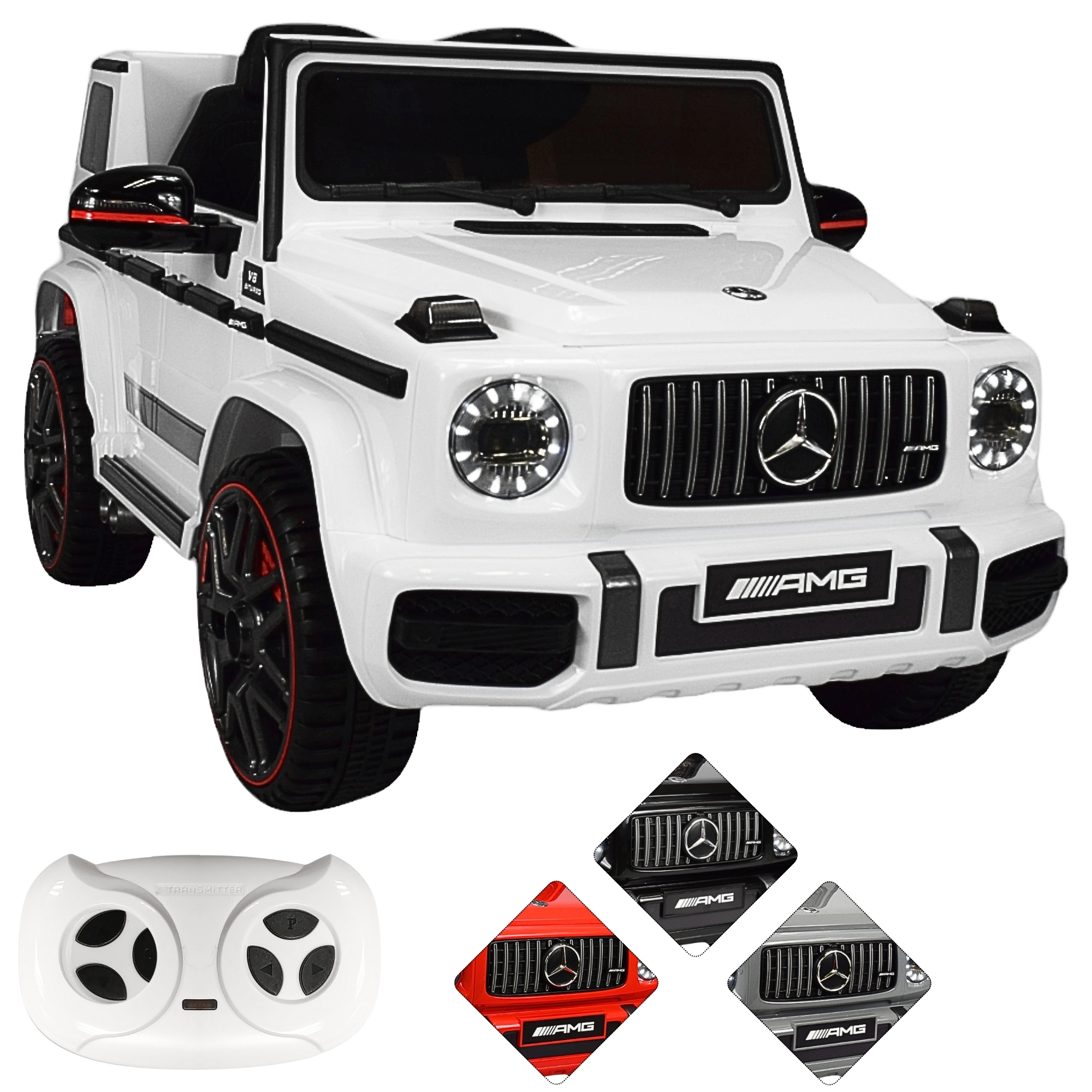 Montable Electrico AMG Camioneta Mercedes-Benz G63 Control Remoto 12v Luz y Sonido Conexión USB, Micro SD, MP3 Soporta Hasta 35 kg - Blanco