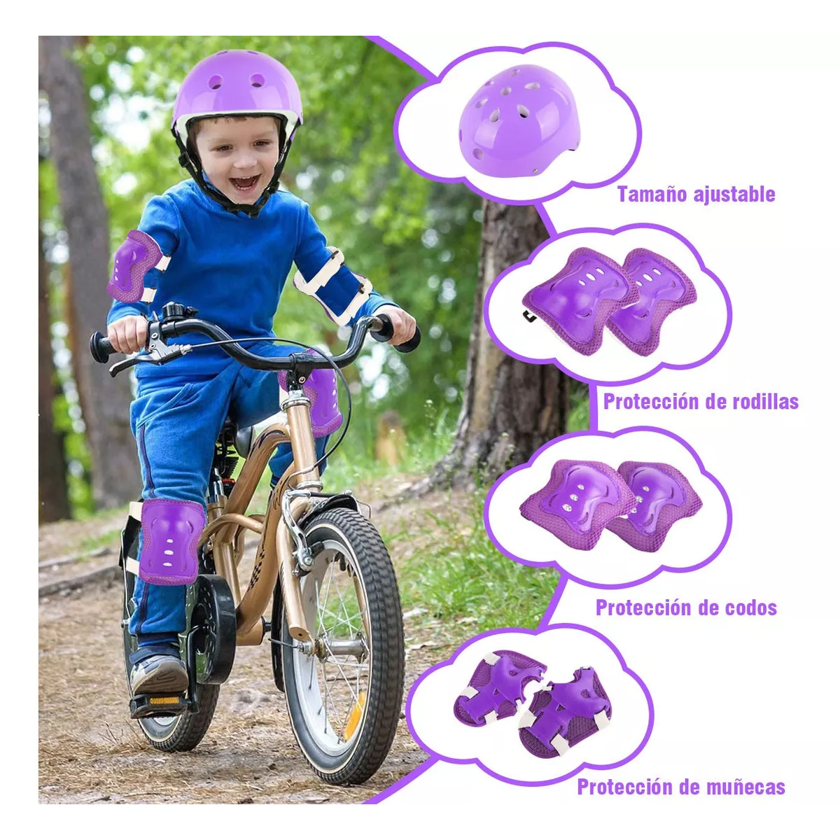 Kit De Protección De Patín Niños Con Casco Rodillera Codera Morado