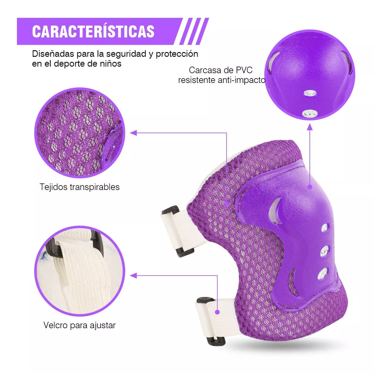Kit De Protección De Patín Niños Con Casco Rodillera Codera Morado