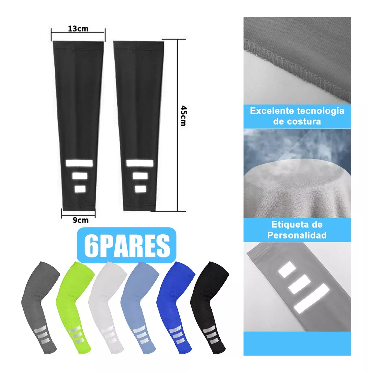 6 Pares Mangas Protectoras Para Sol, Deporte Con Reflejante 6 Colores
