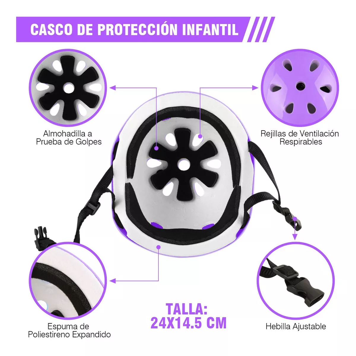 Kit De Protección De Patín Niños Con Casco Rodillera Codera Morado