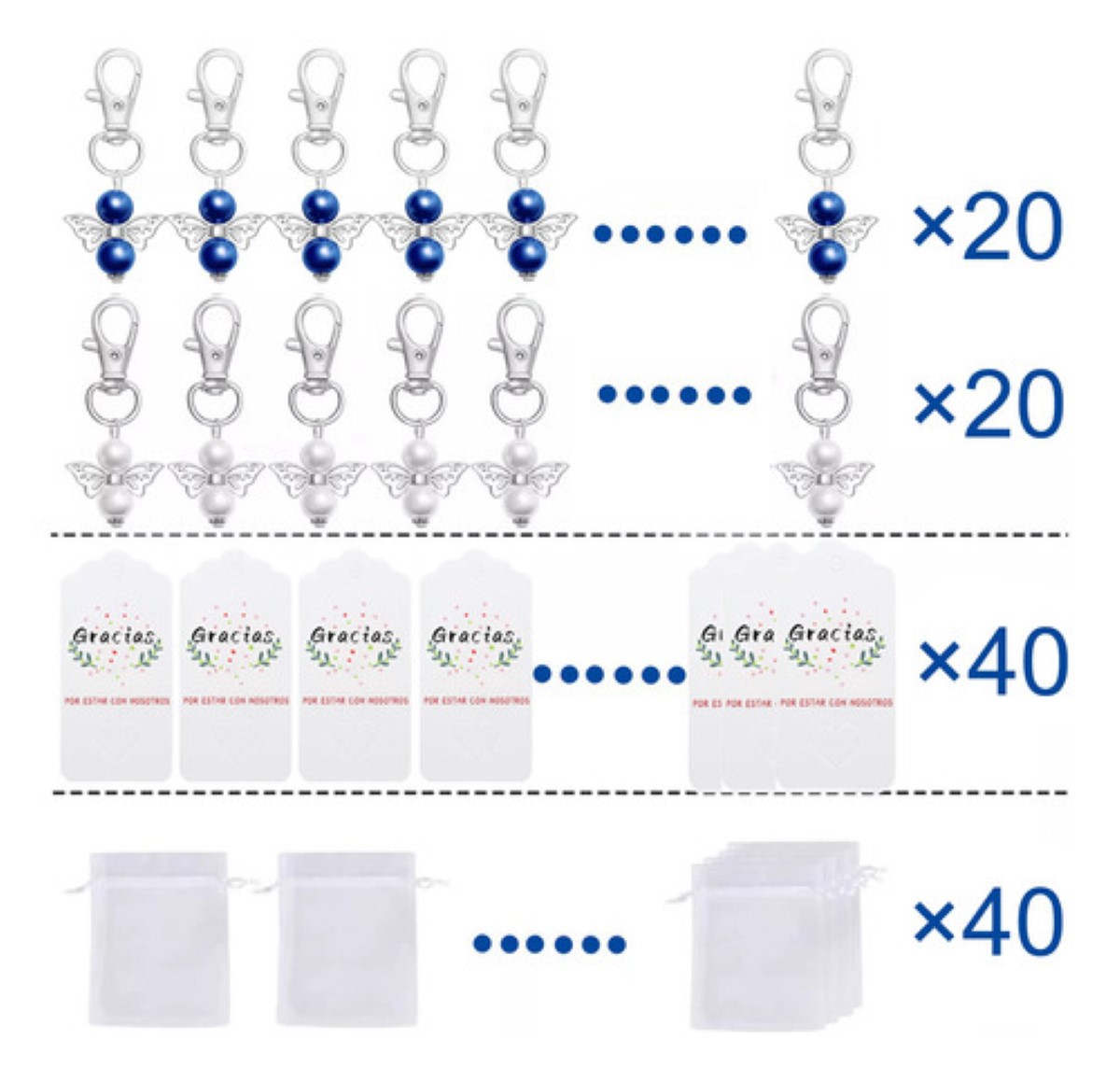 120 Llaveros Angel Con Bolsos De Organza Recuerdo Para Bebés AZUL BLANCO