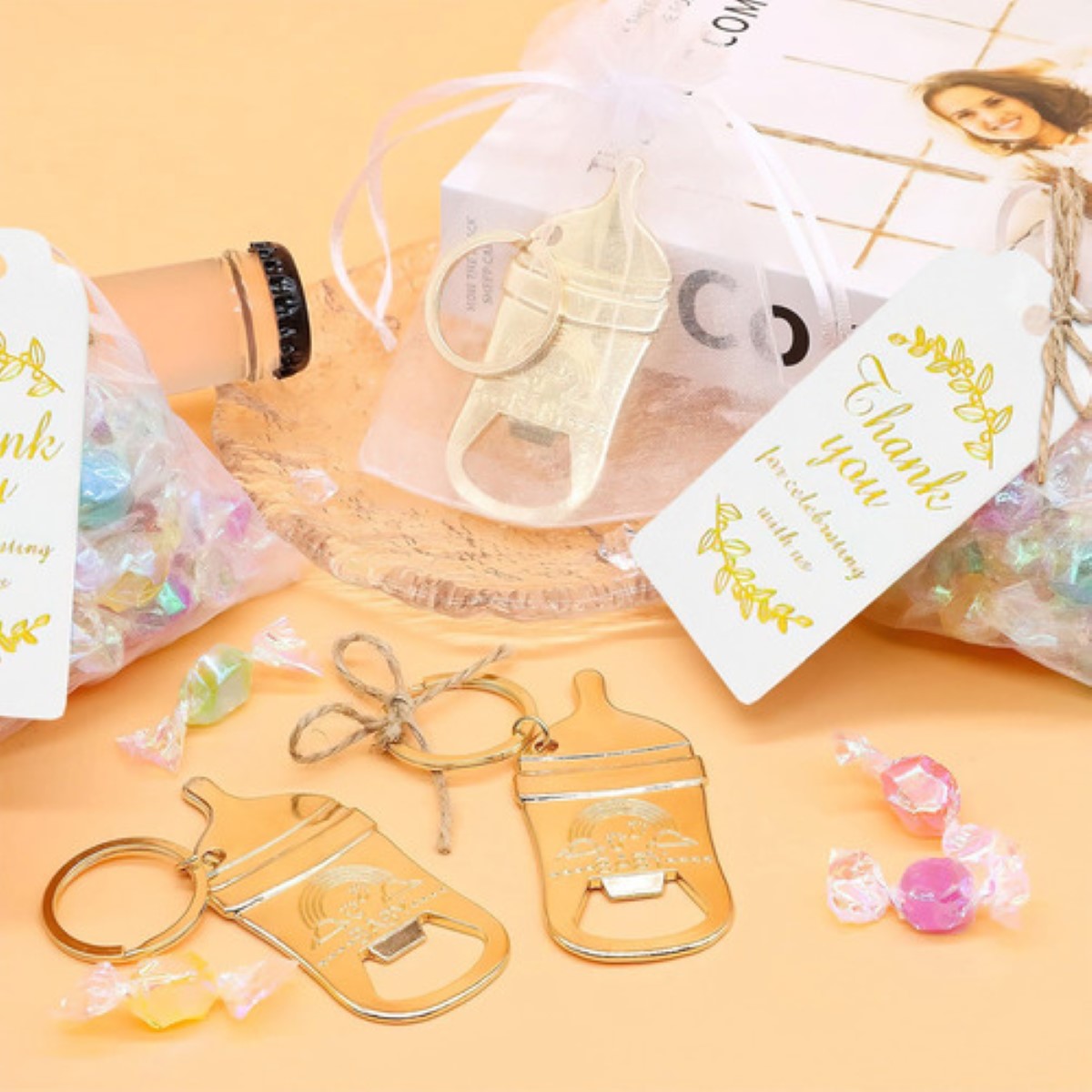 20 Pzas Regalo De Baby Shower Llaveros Chupete Saca Corchos  DORADOS