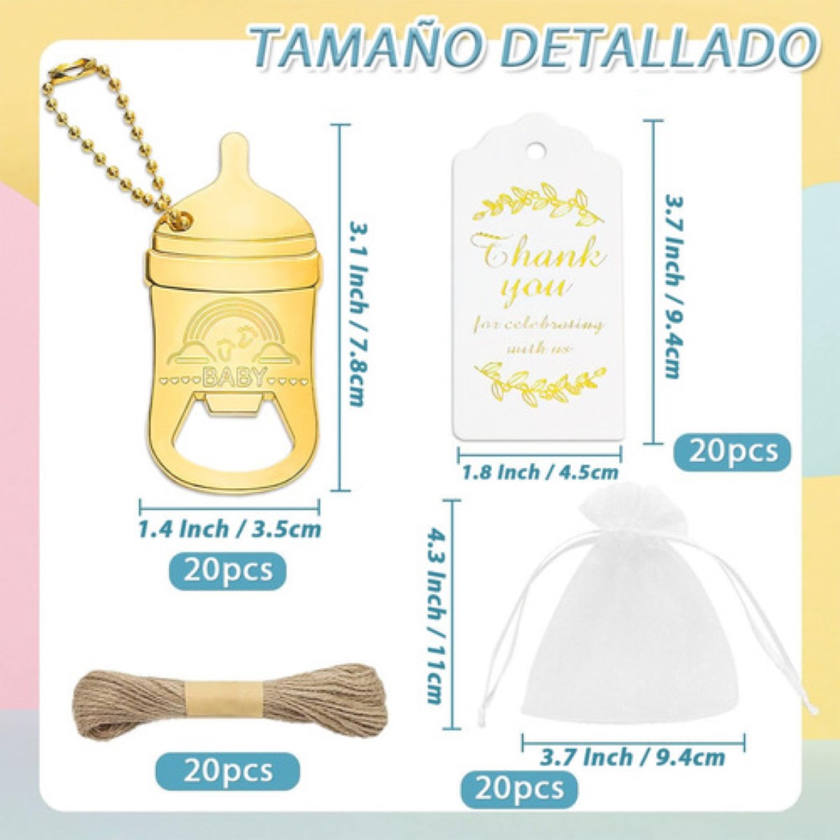 20 Pzas Regalo De Baby Shower Llaveros Chupete Saca Corchos  DORADOS
