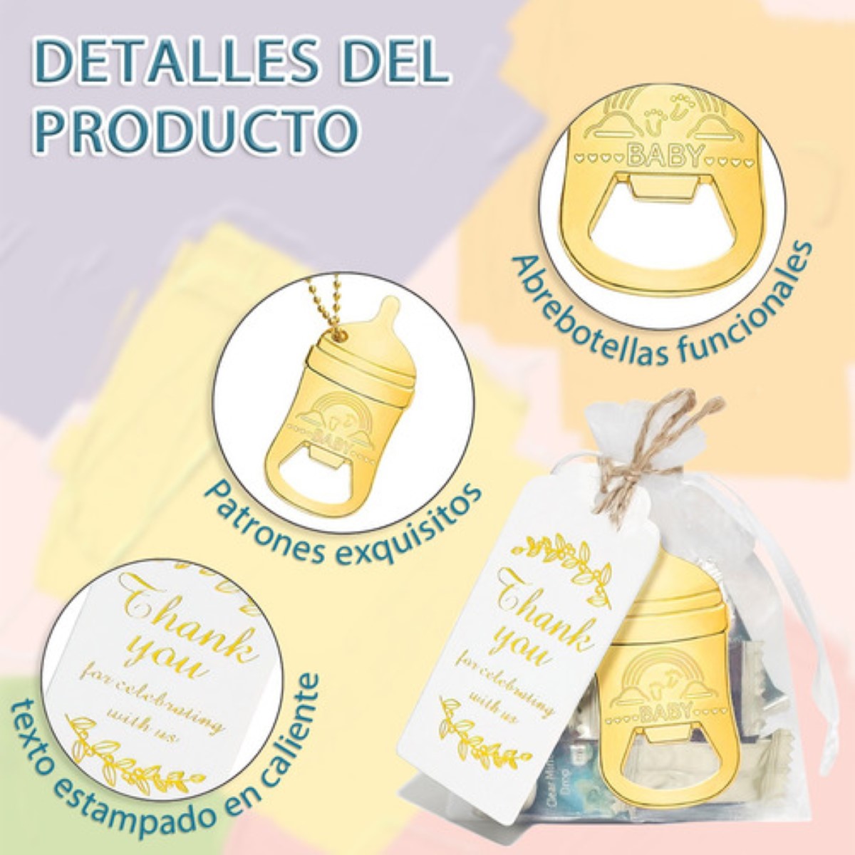 20 Pzas Regalo De Baby Shower Llaveros Chupete Saca Corchos  DORADOS