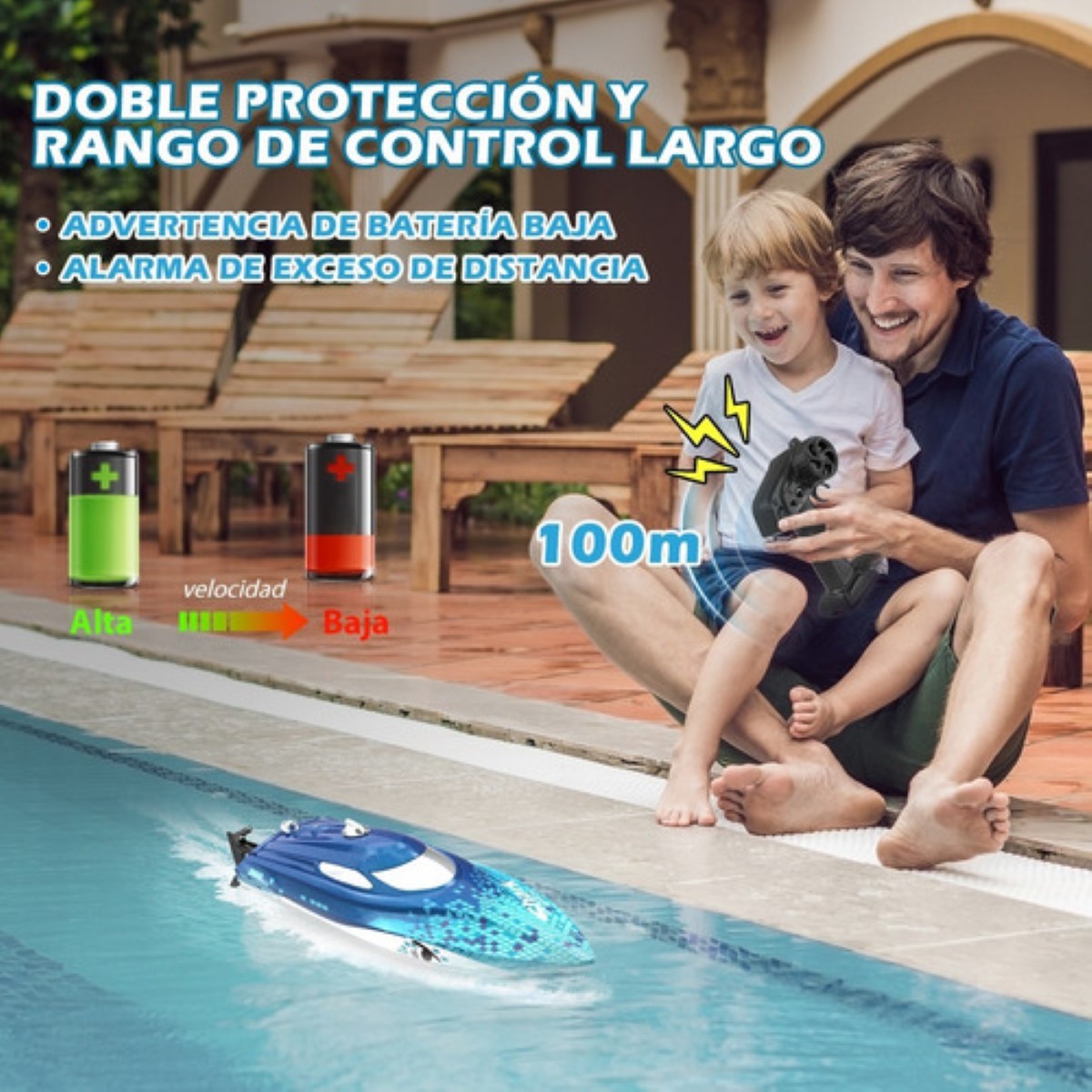 Barco Control Remoto Con 3 Baterías Para Niños Luz Led AZUL BLANCO