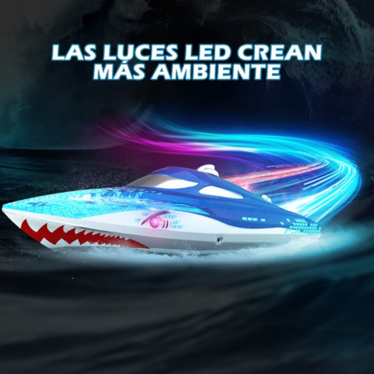 Barco Control Remoto Con 3 Baterías Para Niños Luz Led AZUL BLANCO