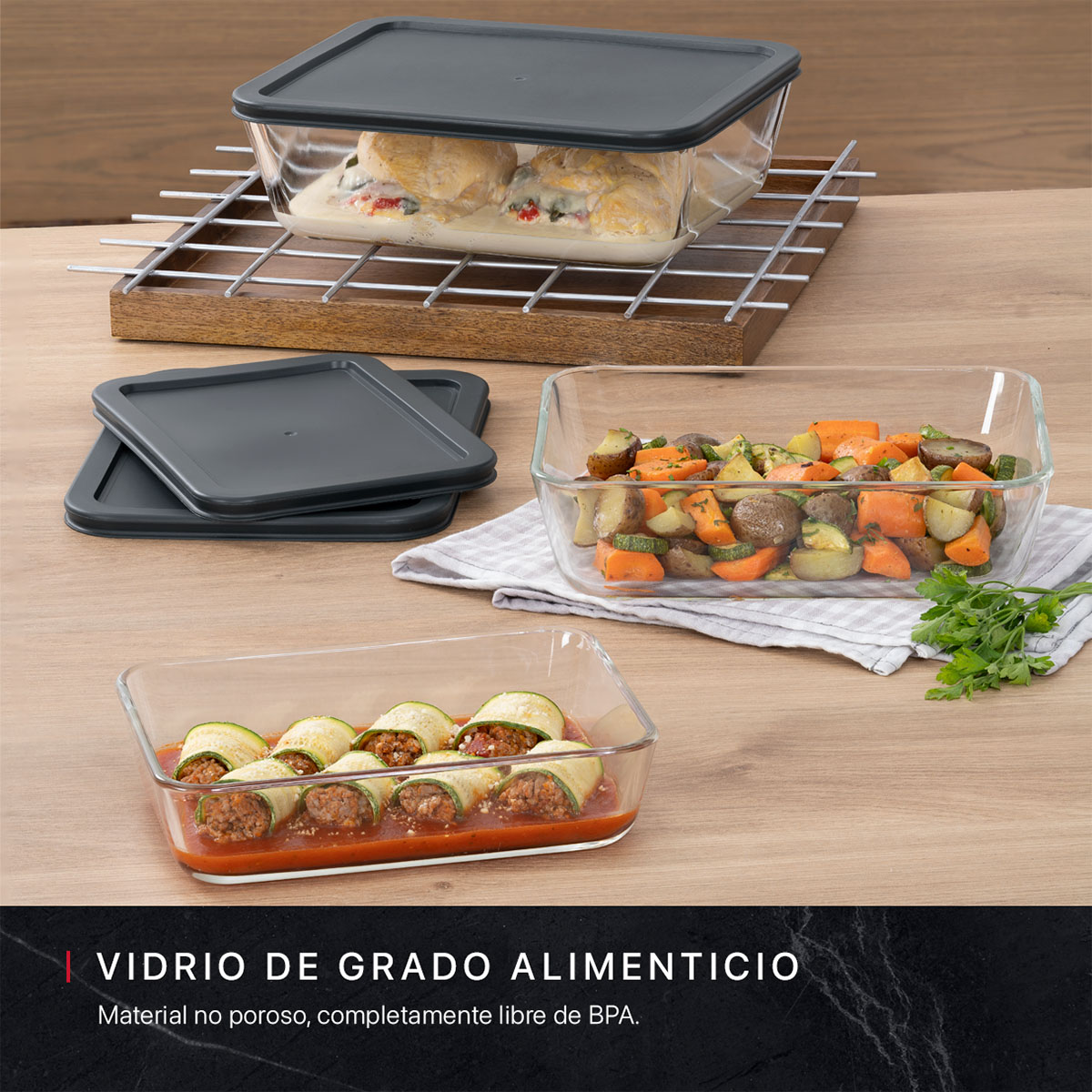 Set de 3 Refractarios de Vidrio Rectangulares con 3 Tapas, sin BPA para Horno, Congelador y Almacenamiento de Alimentos Cookify