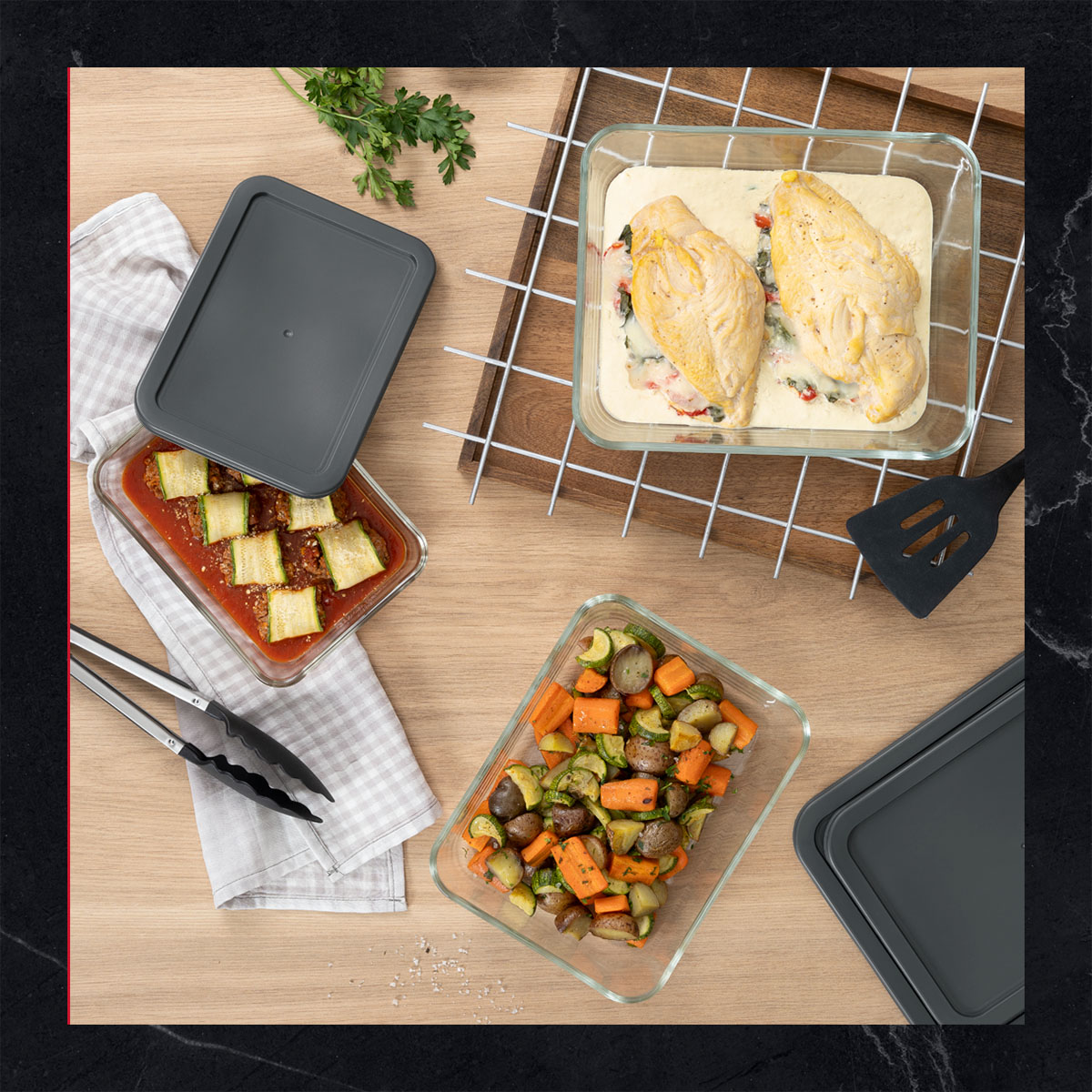 Set de 3 Refractarios de Vidrio Rectangulares con 3 Tapas, sin BPA para Horno, Congelador y Almacenamiento de Alimentos Cookify