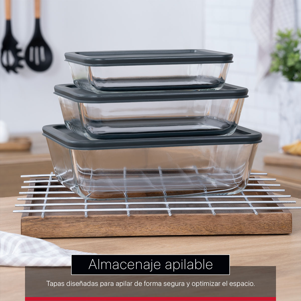 Set de 3 Refractarios de Vidrio Rectangulares con 3 Tapas, sin BPA para Horno, Congelador y Almacenamiento de Alimentos Cookify
