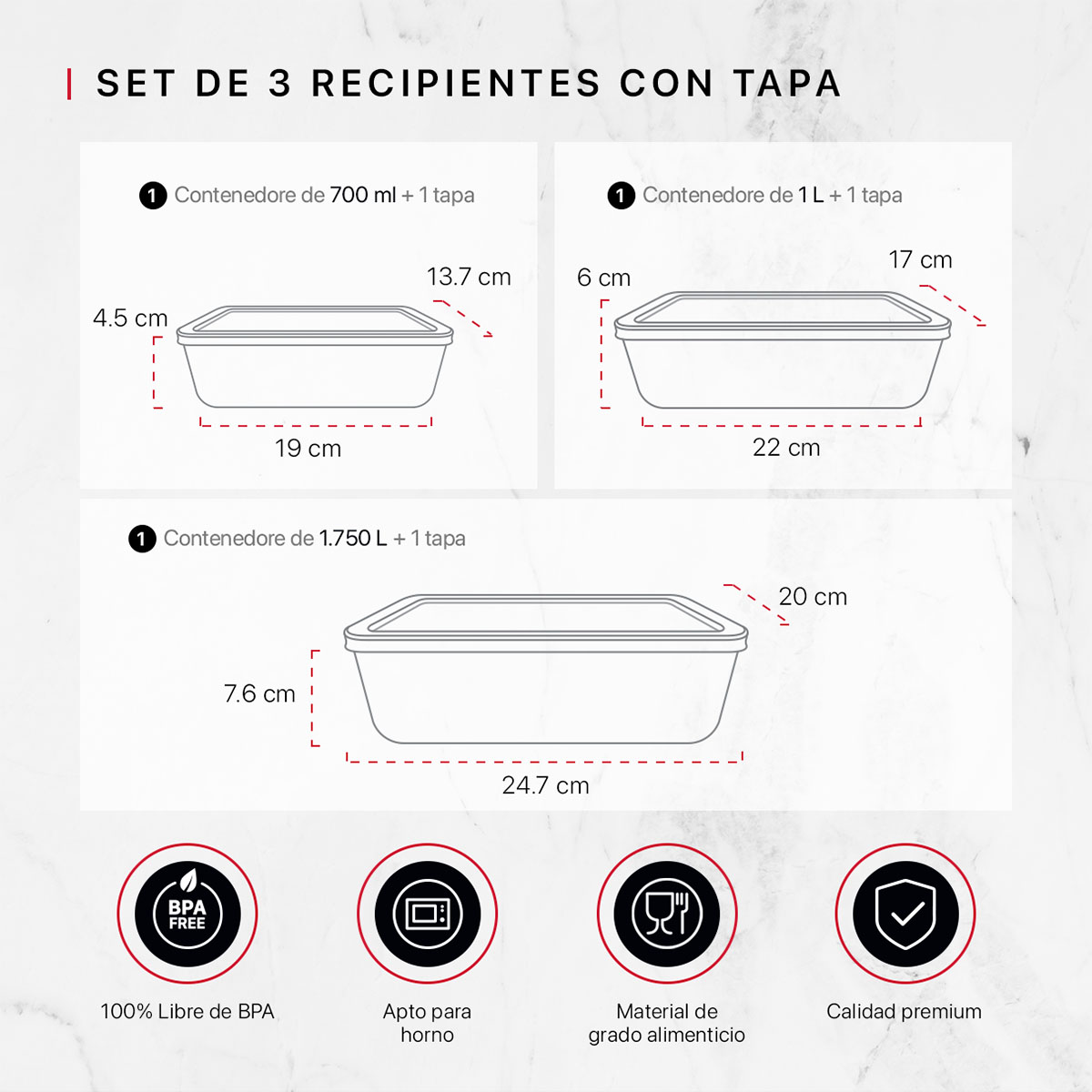 Set de 3 Refractarios de Vidrio Rectangulares con 3 Tapas, sin BPA para Horno, Congelador y Almacenamiento de Alimentos Cookify