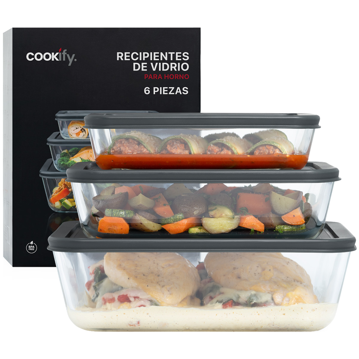 Set de 3 Refractarios de Vidrio Rectangulares con 3 Tapas, sin BPA para Horno, Congelador y Almacenamiento de Alimentos Cookify