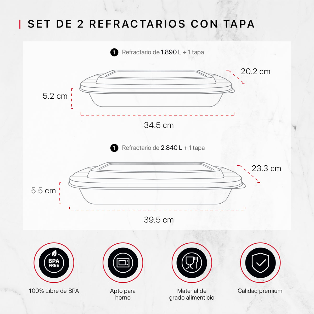 Set de 2 Refractarios de Vidrio Rectangulares con 2 Tapas, sin BPA para Horno, Congelador y Almacenamiento de Alimentos COOKIFY