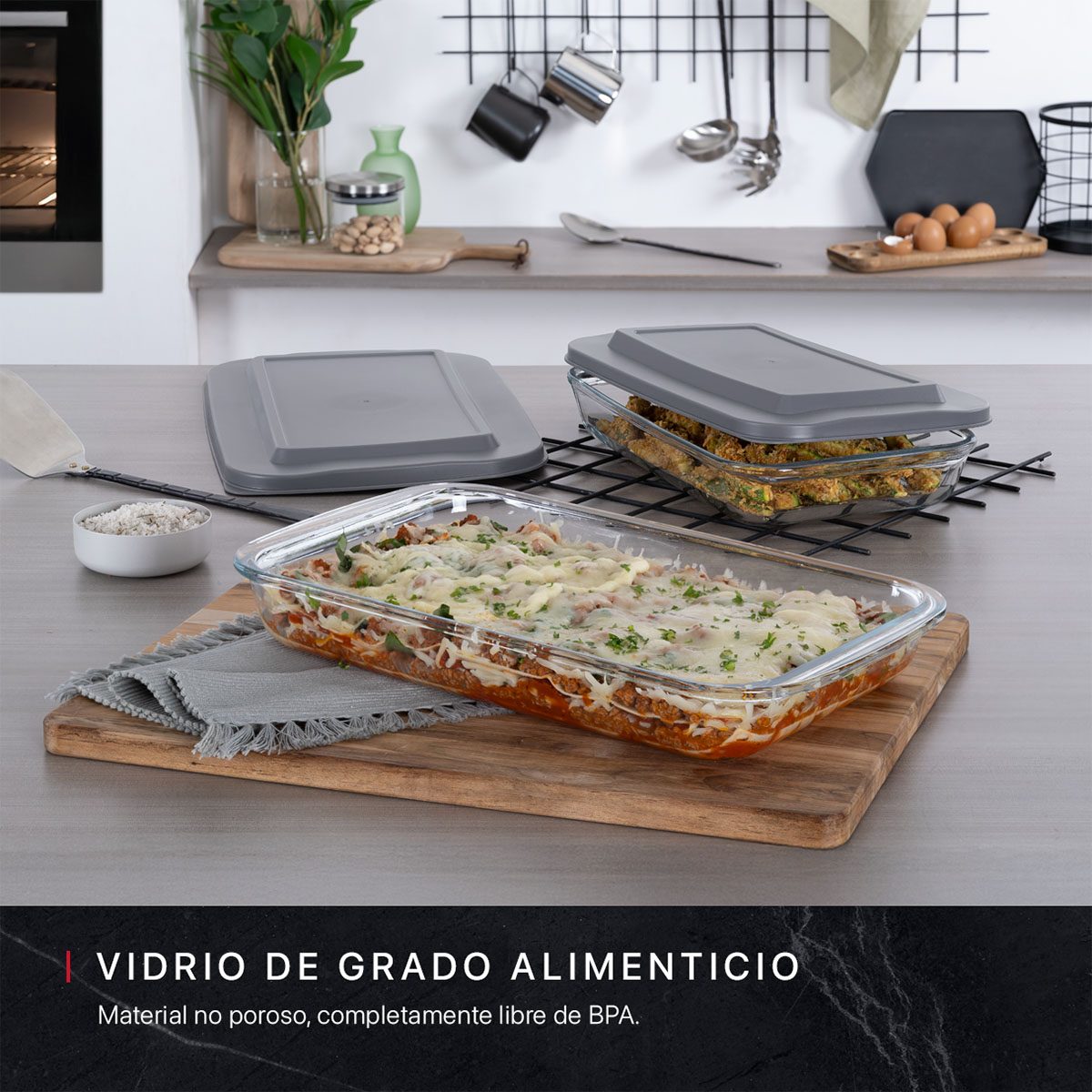 Set de 2 Refractarios de Vidrio Rectangulares con 2 Tapas, sin BPA para Horno, Congelador y Almacenamiento de Alimentos COOKIFY