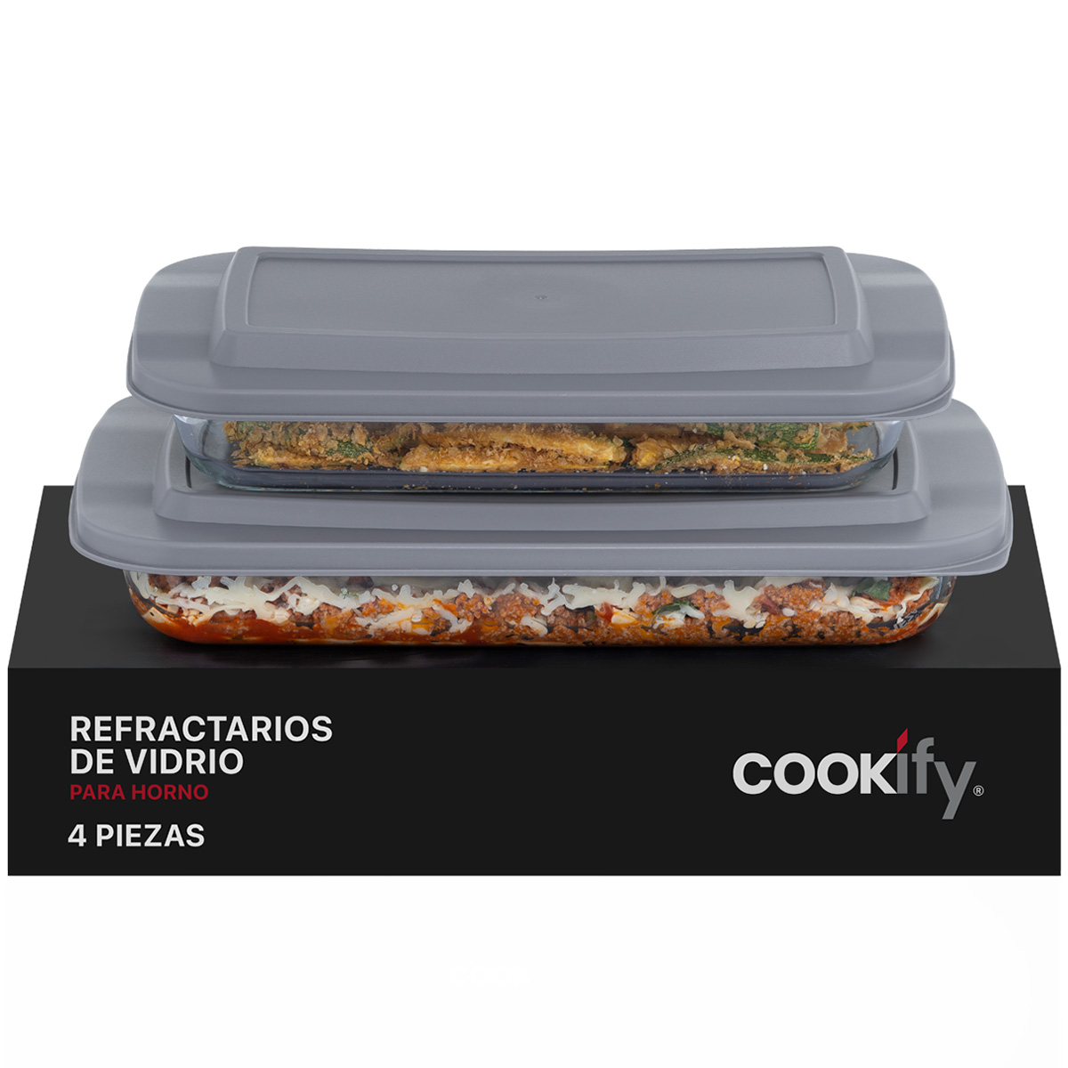 Set de 2 Refractarios de Vidrio Rectangulares con 2 Tapas, sin BPA para Horno, Congelador y Almacenamiento de Alimentos COOKIFY