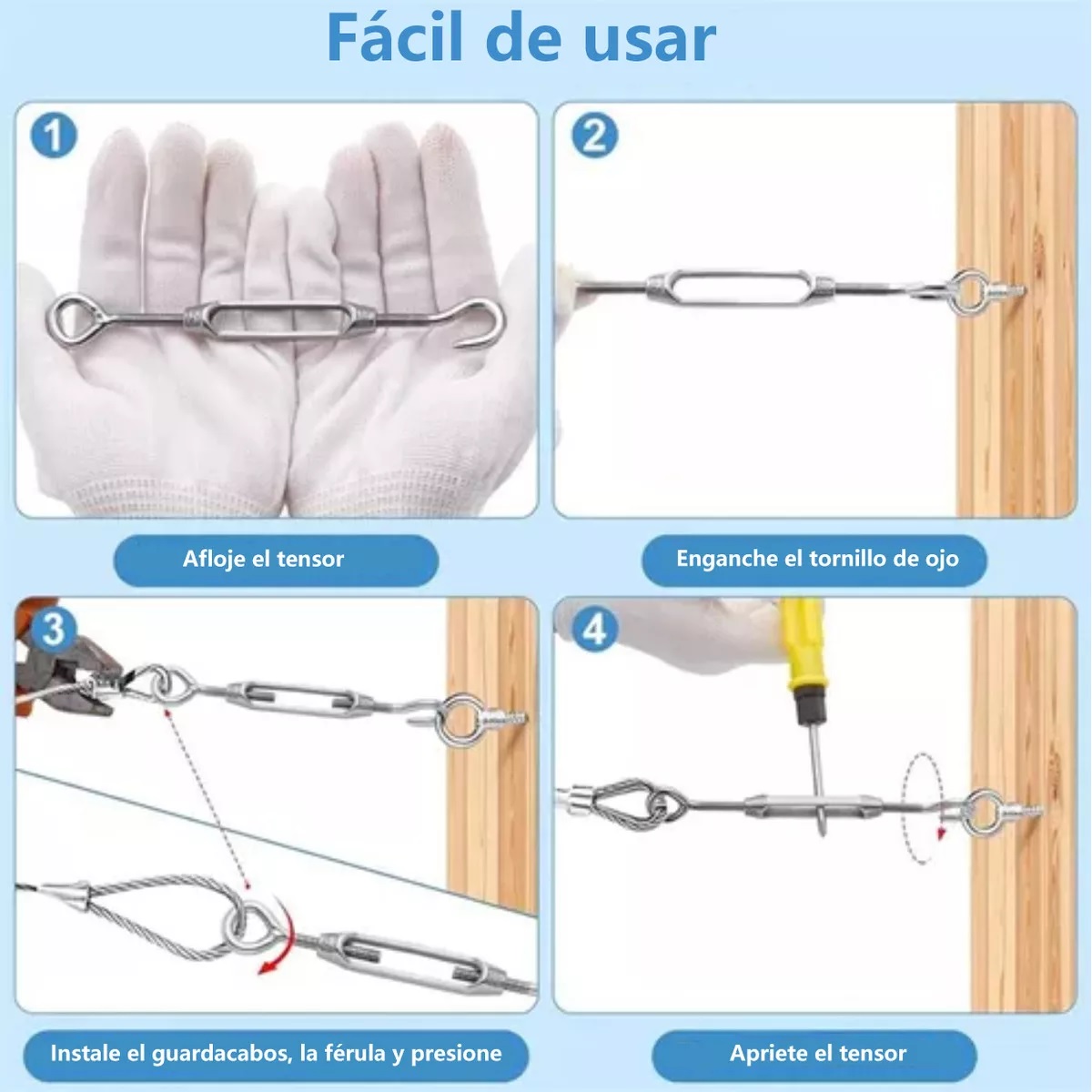 6 Pzs Ganchos Tensores De Alambre M4 Acero Inoxidable 304