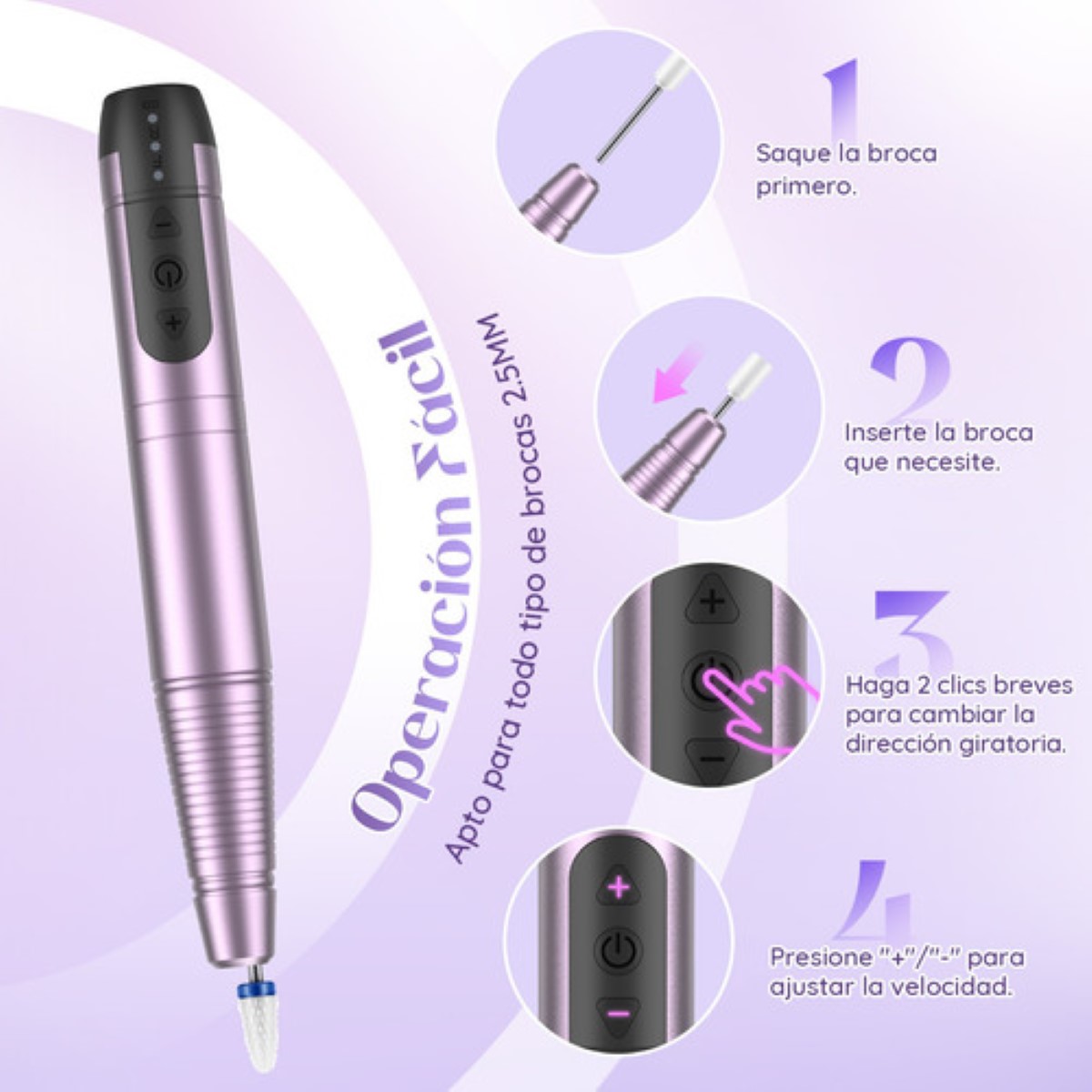 Pulidores Esmeril Uñas Manicure Inalambrico Taladro Con Set MORADO