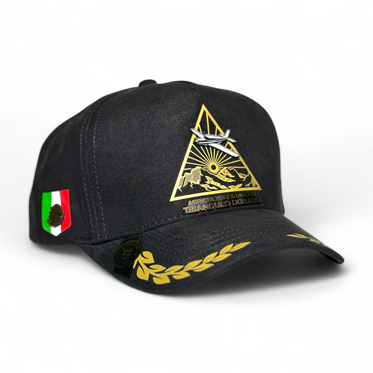 Vago Style Gorra Triángulo Dorado Snapback Negra Visera Curva de Gamuza