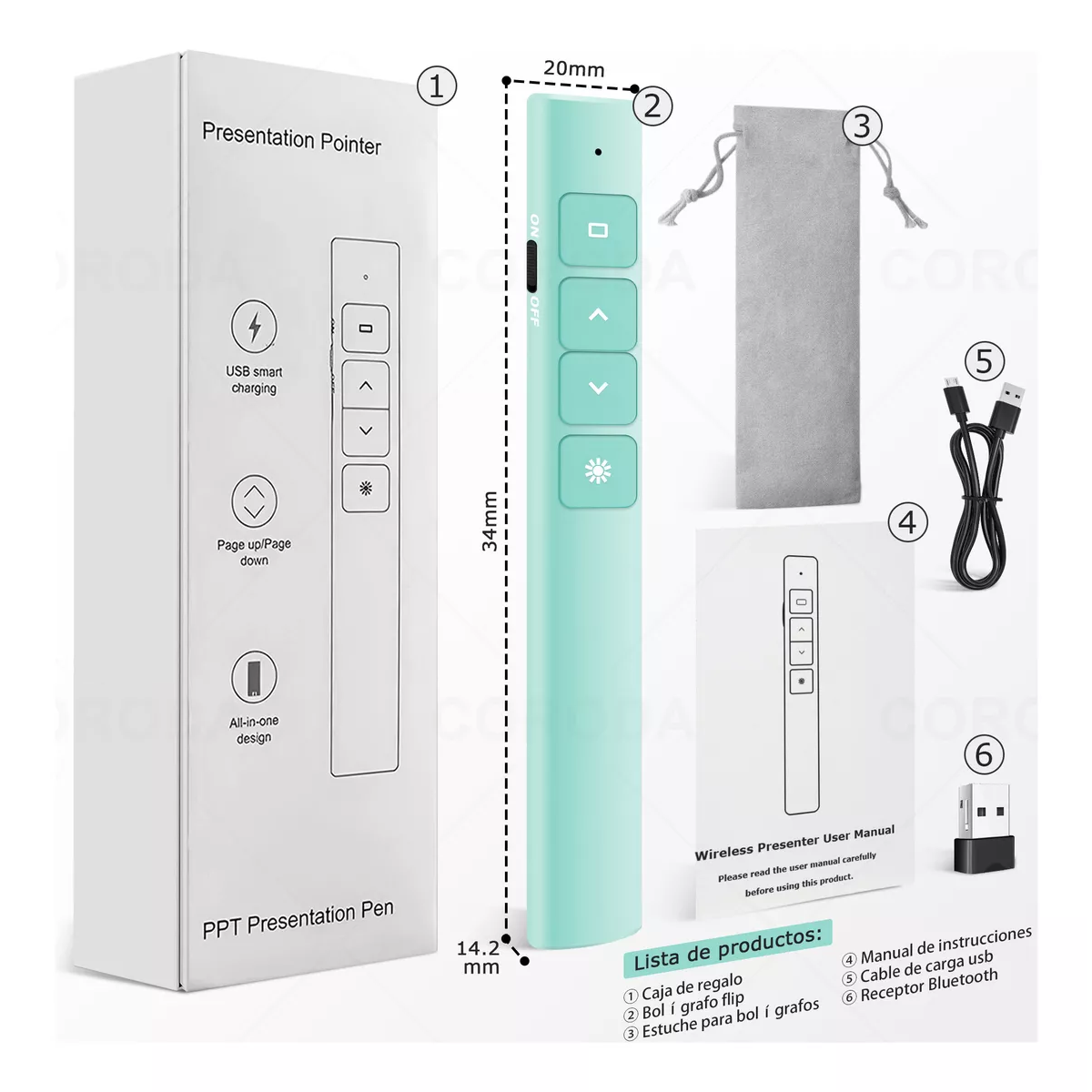 Apuntador Presentador Láser Inalámbric Remoto Usb Recargable Verde