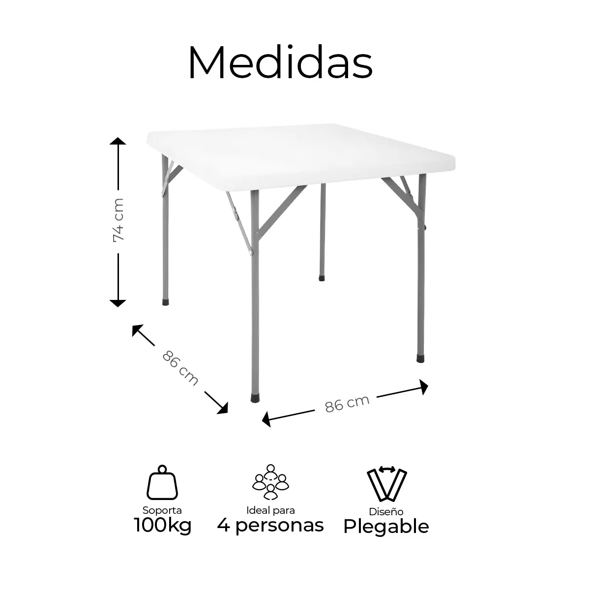 Mesa Plegable Cuadrada Plástico Resistente 86cm Jardin Exter Color Blanco