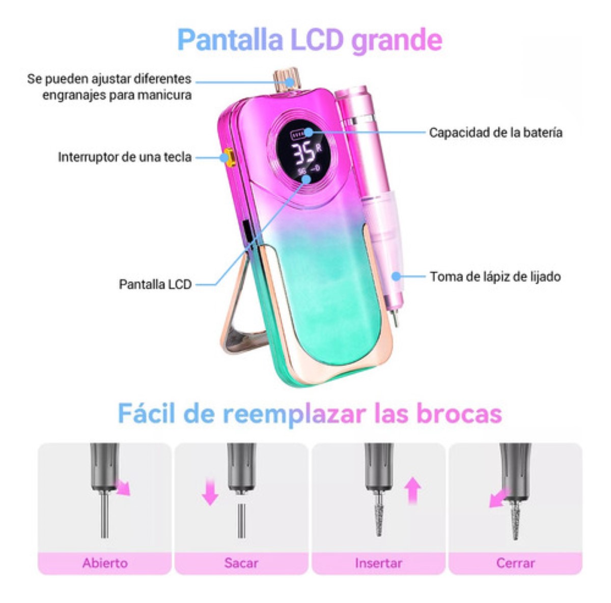 Pulidor De Uñas Esmeril Profesional Drill Portátil 35000 Rpm ROSA COLORES