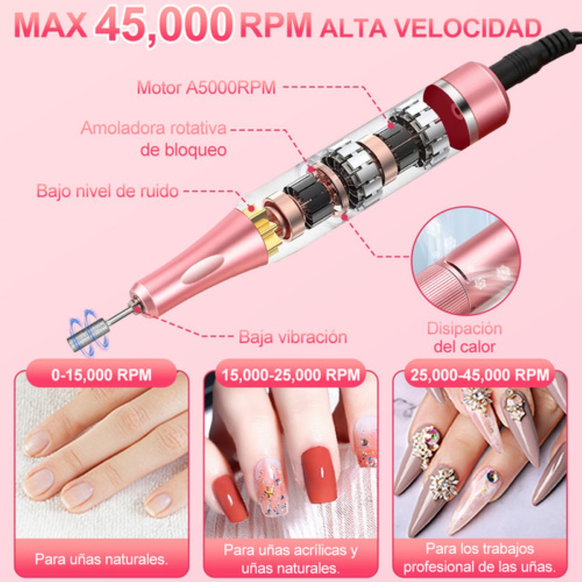 Pulidor De Uñas Esmeril Profesional Drill 45000 Rpm ROSA 