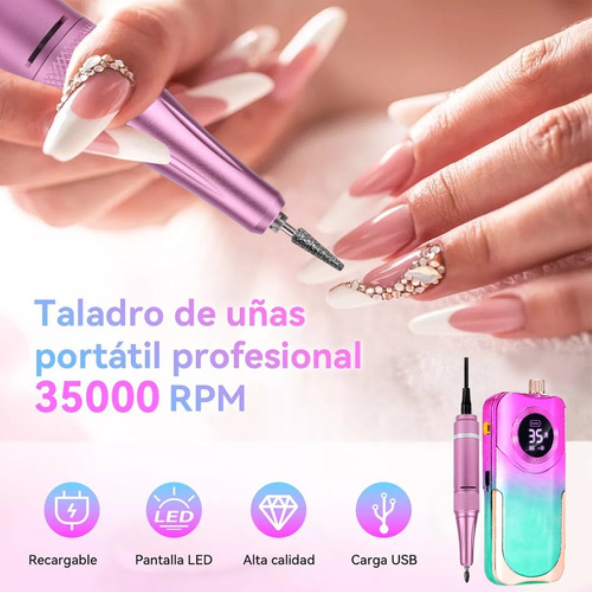 Pulidor De Uñas Esmeril Profesional Drill Portátil 35000 Rpm ROSA COLORES