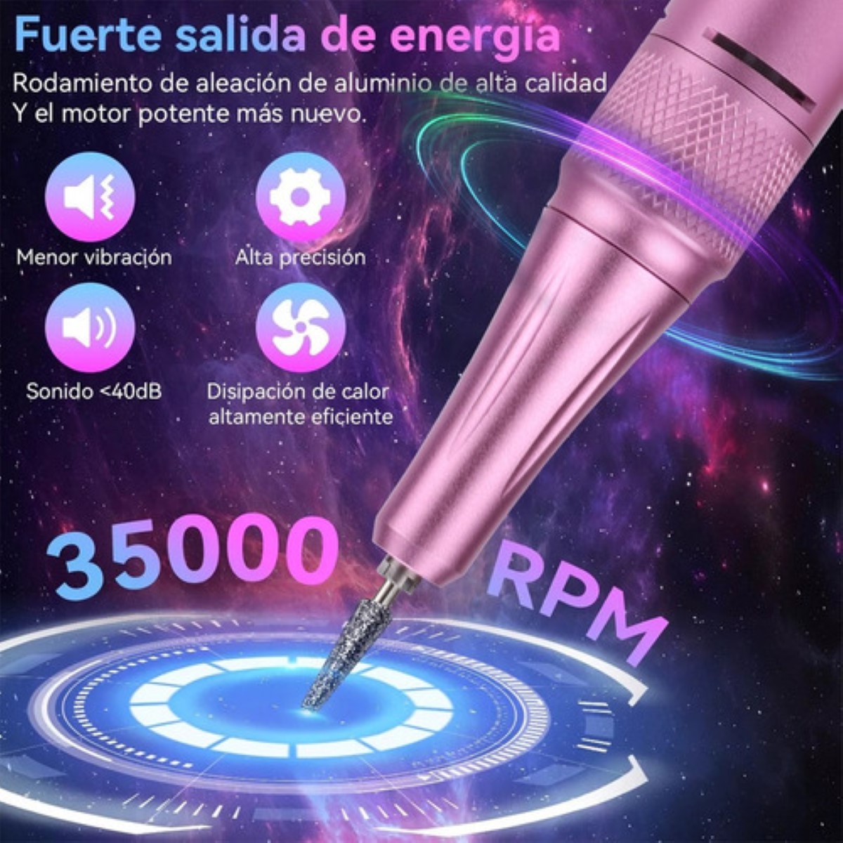 Pulidor De Uñas Esmeril Profesional Drill Portátil 35000 Rpm ROSA COLORES