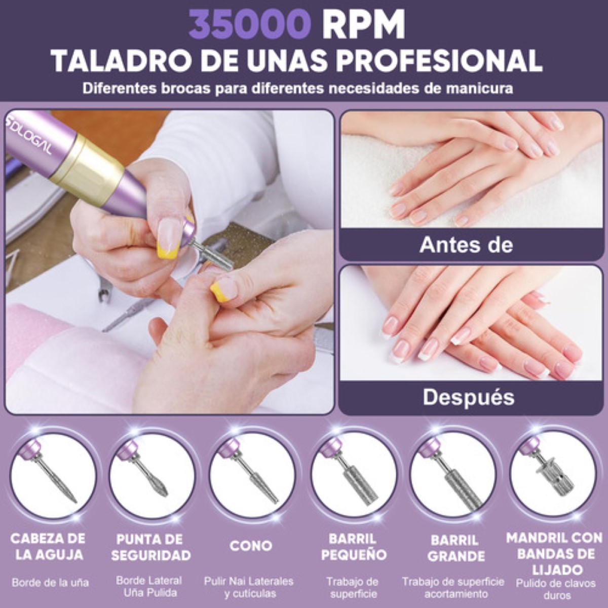 Pulidor De Uñas Esmeril Profesional Drill Portátil 35000 Rpm MORADO