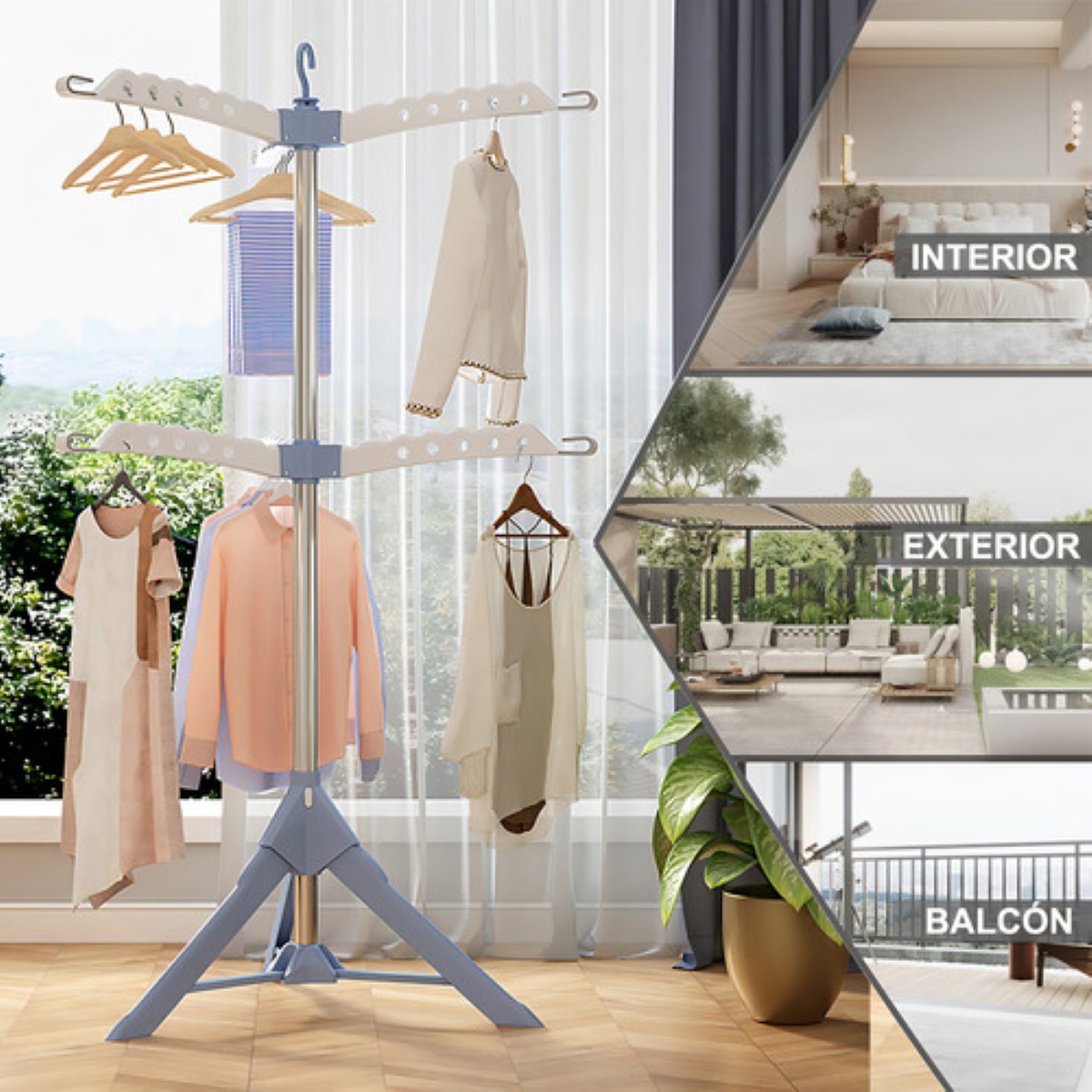 Tendederos De Ropa Trípode Portátil Plegable Y Retráctil De 2 Niveles blanco con azul 