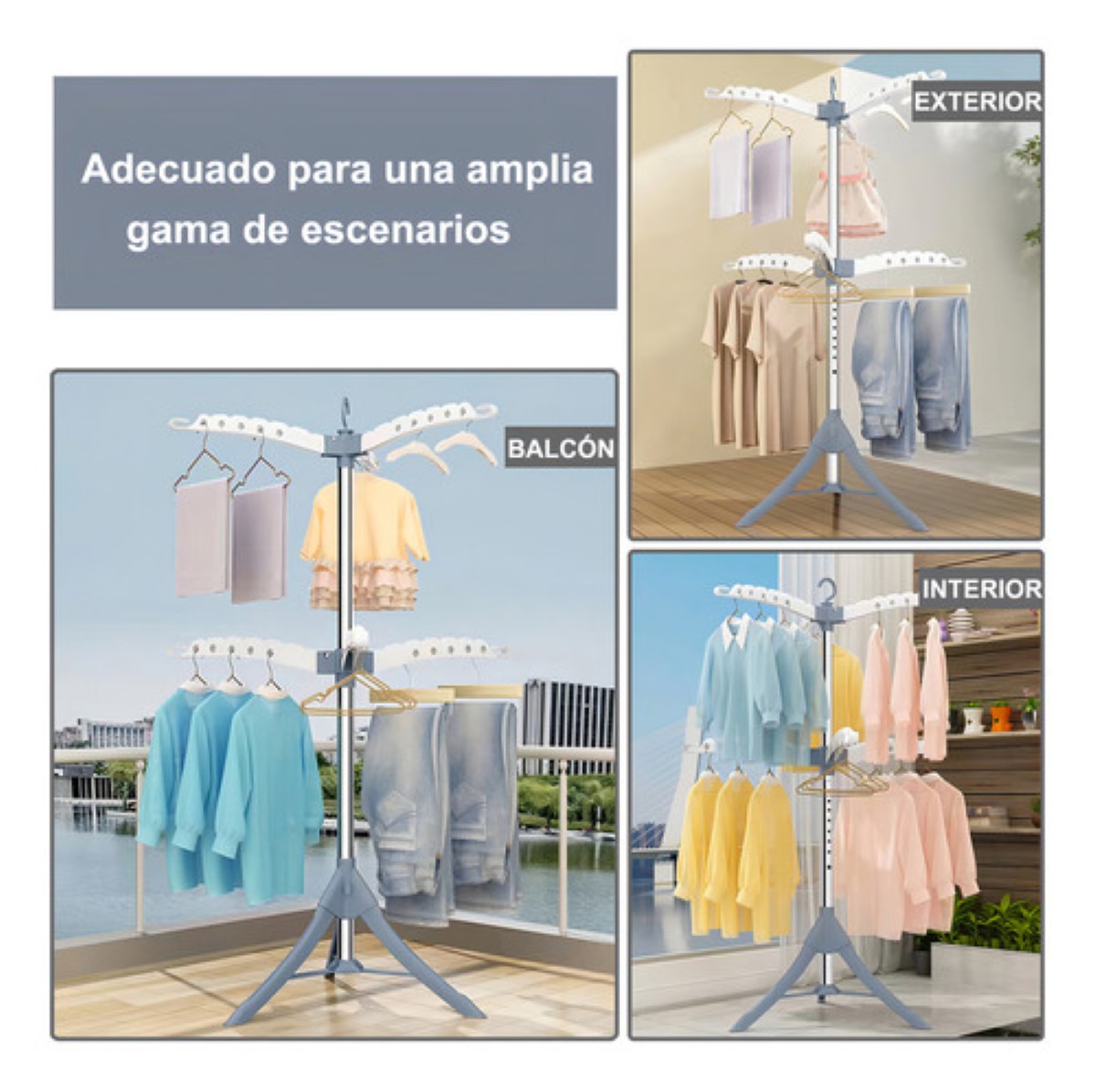Tendederos De Ropa Trípode Portátil Plegable Y Retráctil De 2 Niveles blanco con azul 