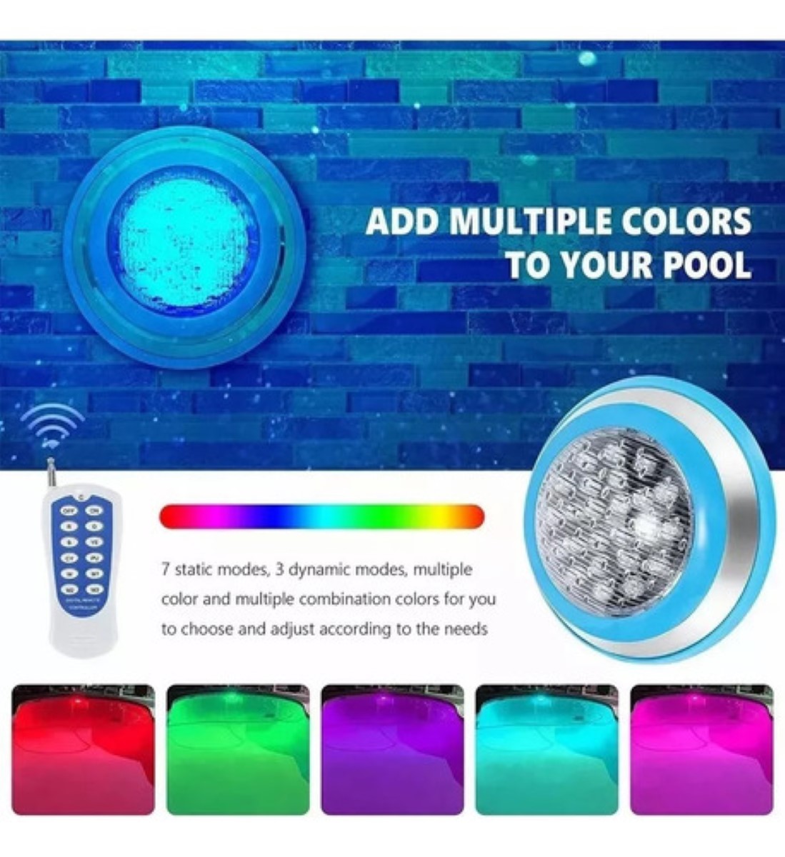 Luz Led Para Piscina 12v 24w Rgb Con Control Remoto AZUL PLATA
