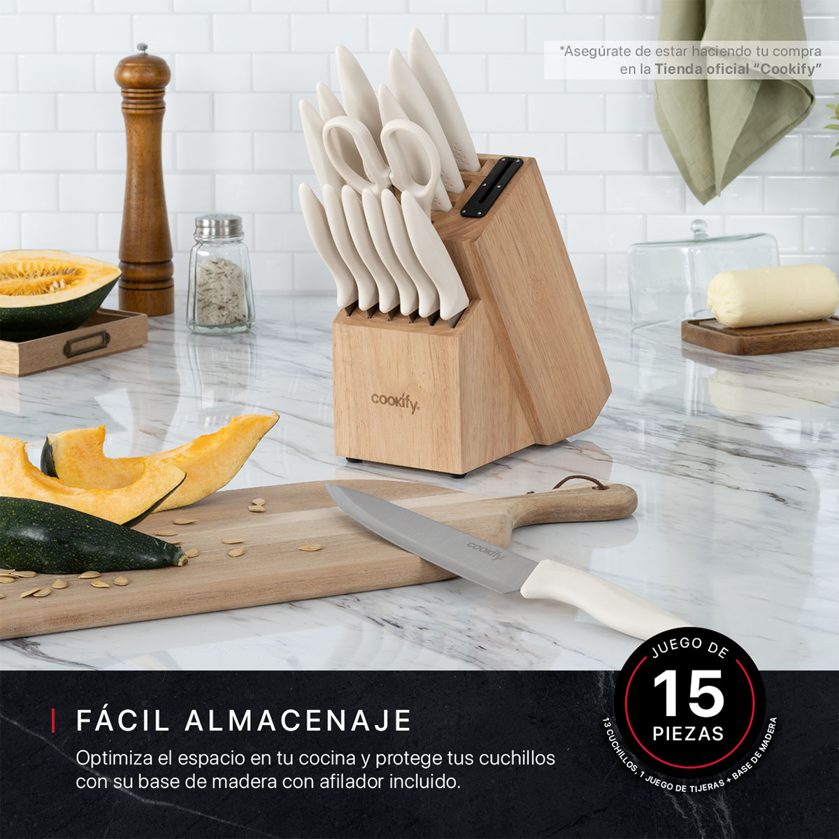 Cuchillos para Cocina 15 piezas en Set de Acero Inoxidable Juego con Base Tijeras y Afilador (Madera/Marfil) Cookify