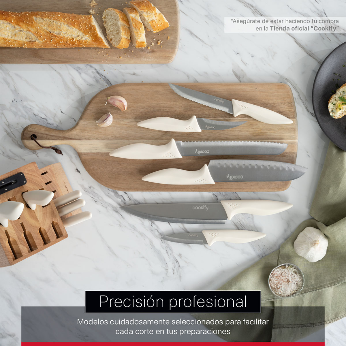 Cuchillos para Cocina 15 piezas en Set de Acero Inoxidable Juego con Base Tijeras y Afilador (Madera/Marfil) Cookify