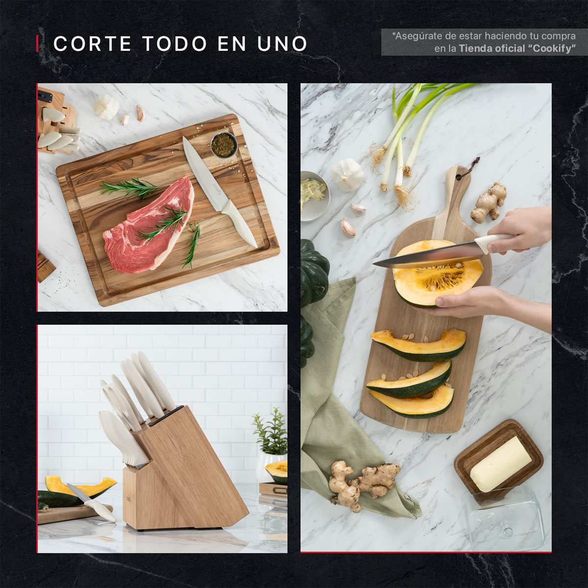 Cuchillos para Cocina 15 piezas en Set de Acero Inoxidable Juego con Base Tijeras y Afilador (Madera/Marfil) Cookify