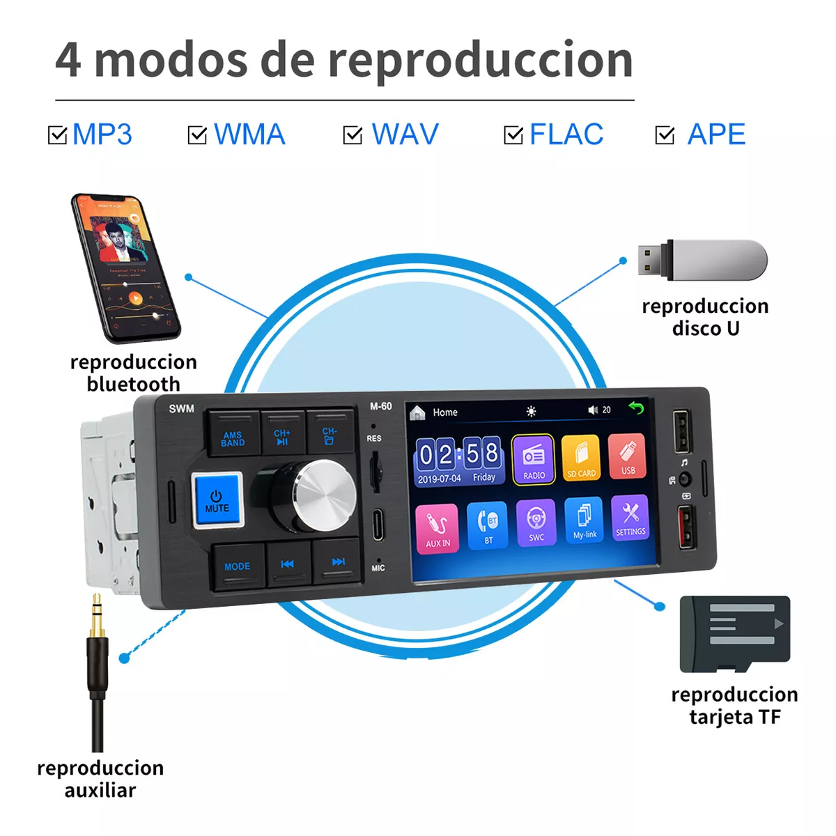 Estéreo De Pantalla Para Auto Mirrorlink 1 Din Con Cámara