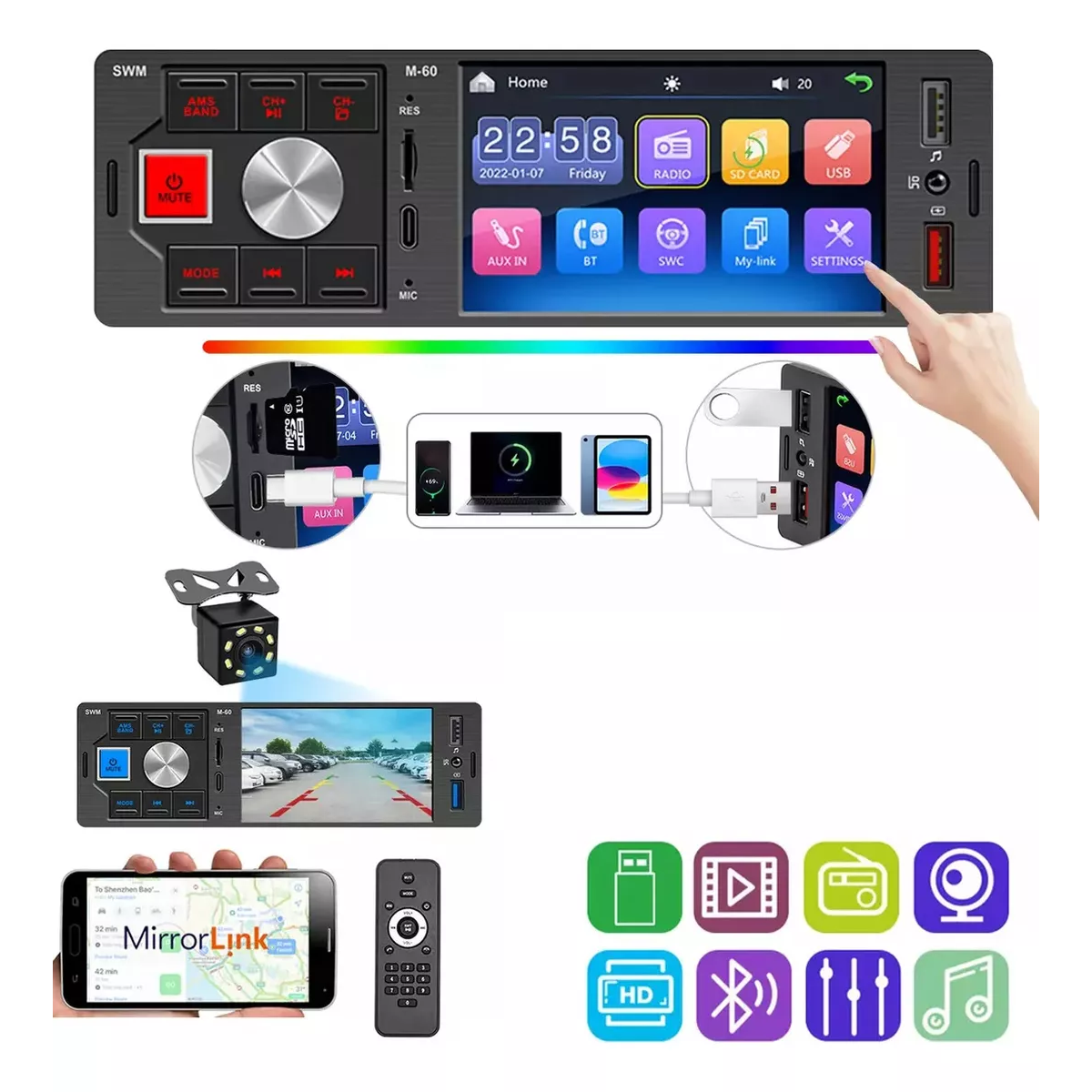 Estéreo De Pantalla Para Auto Mirrorlink 1 Din Con Cámara