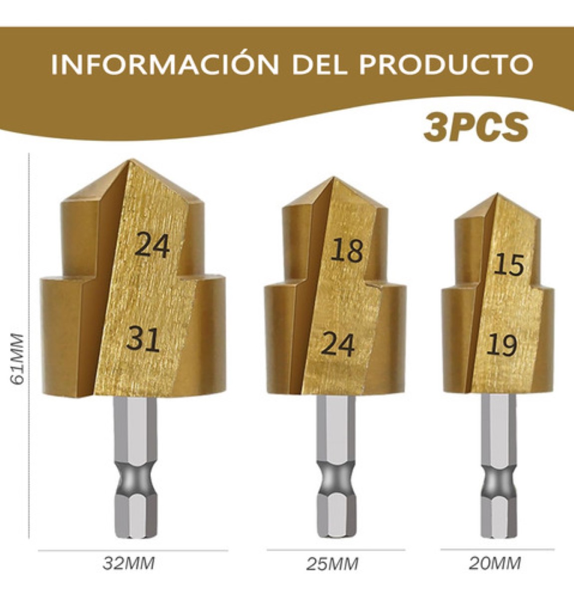 Broca Escalonada De Elevación Ppr Brocas Para Taladro 3pcs DORADO PLATA 
