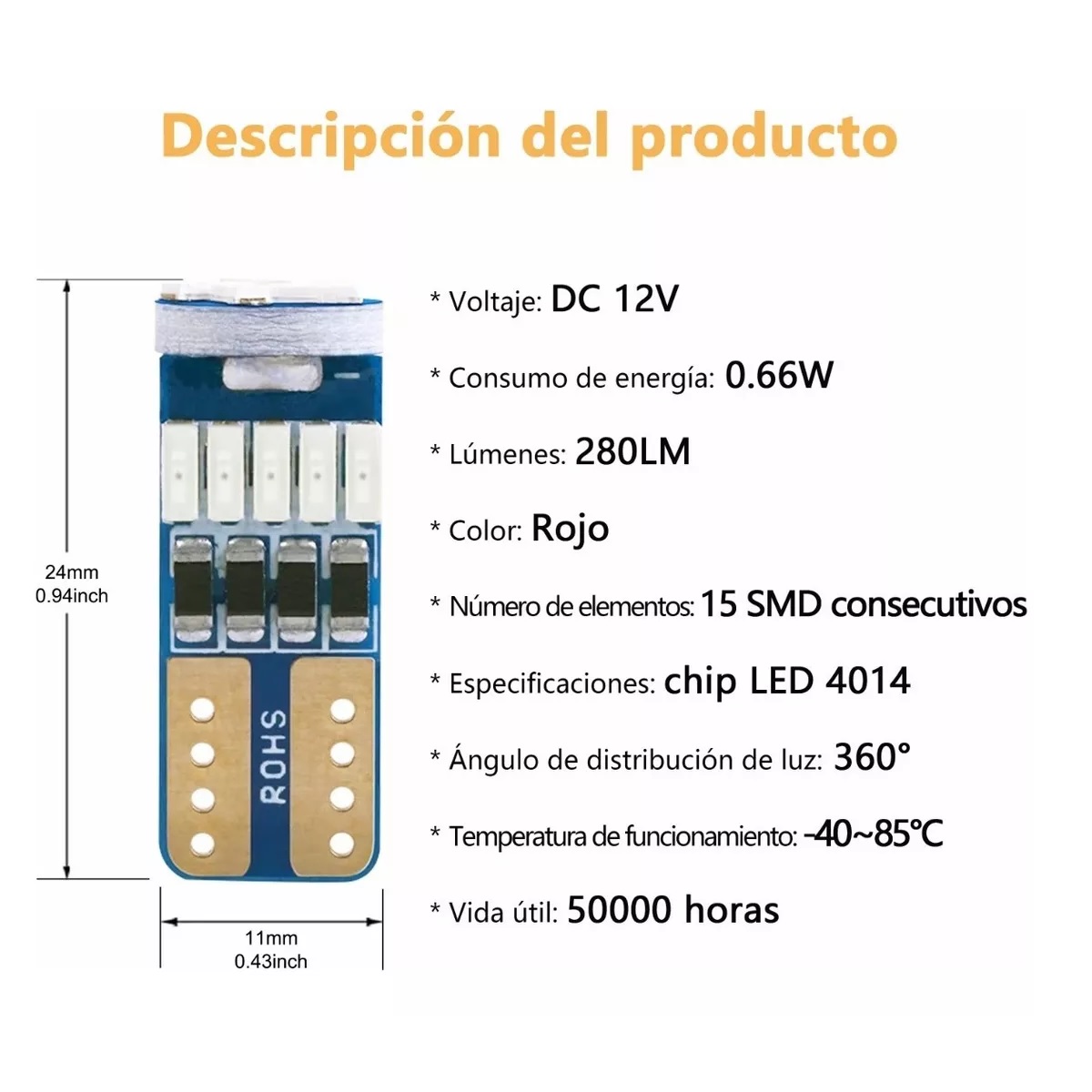 10 Focos Led Pellizco T10 W5w 194 168 2825 192 Rojo