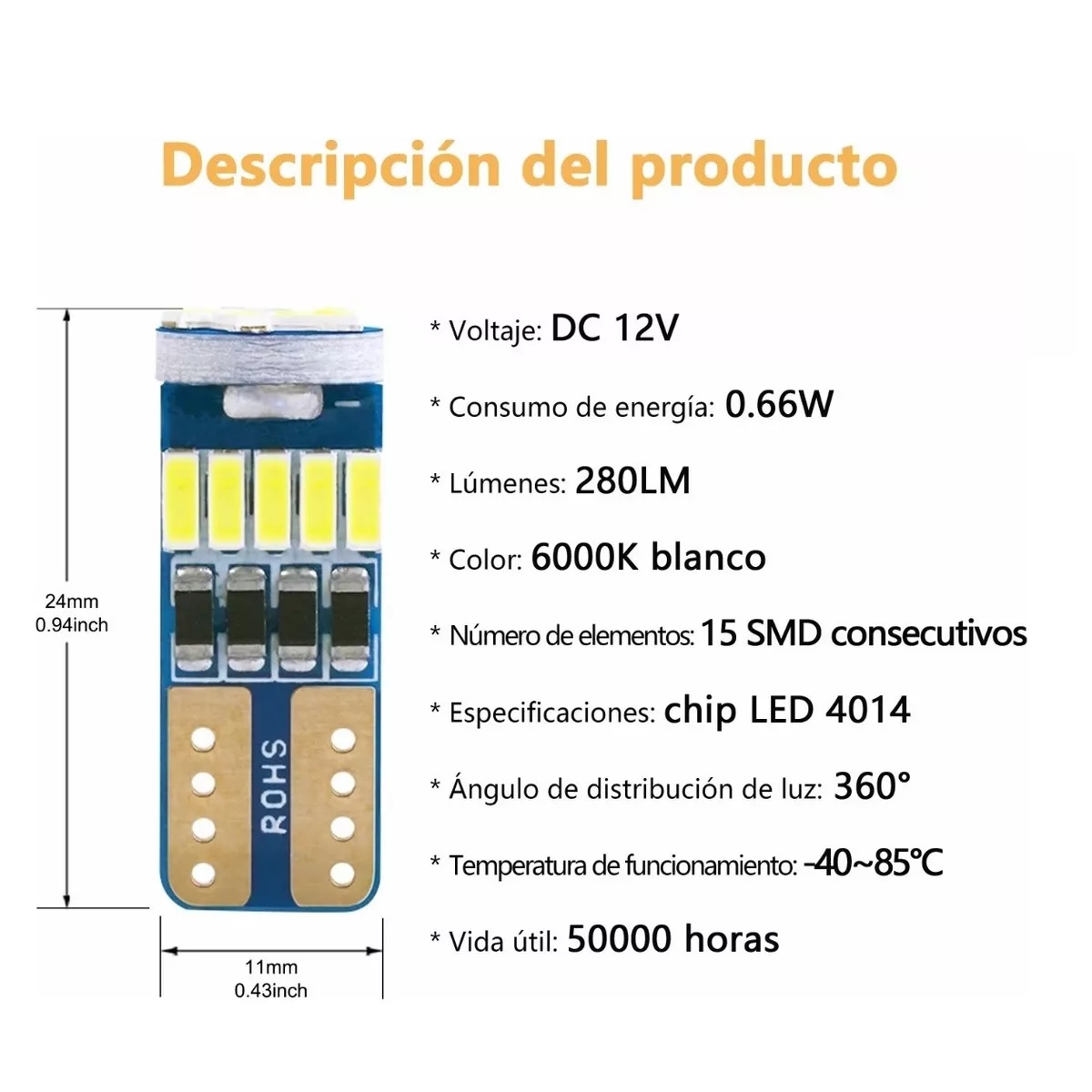 10 Focos Led Pellizco T10 W5w 194 168 2825 192 Blanco