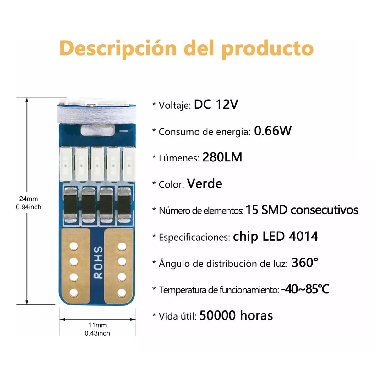 10 Focos Led Pellizco T10 W5w 194 168 2825 192 Verde