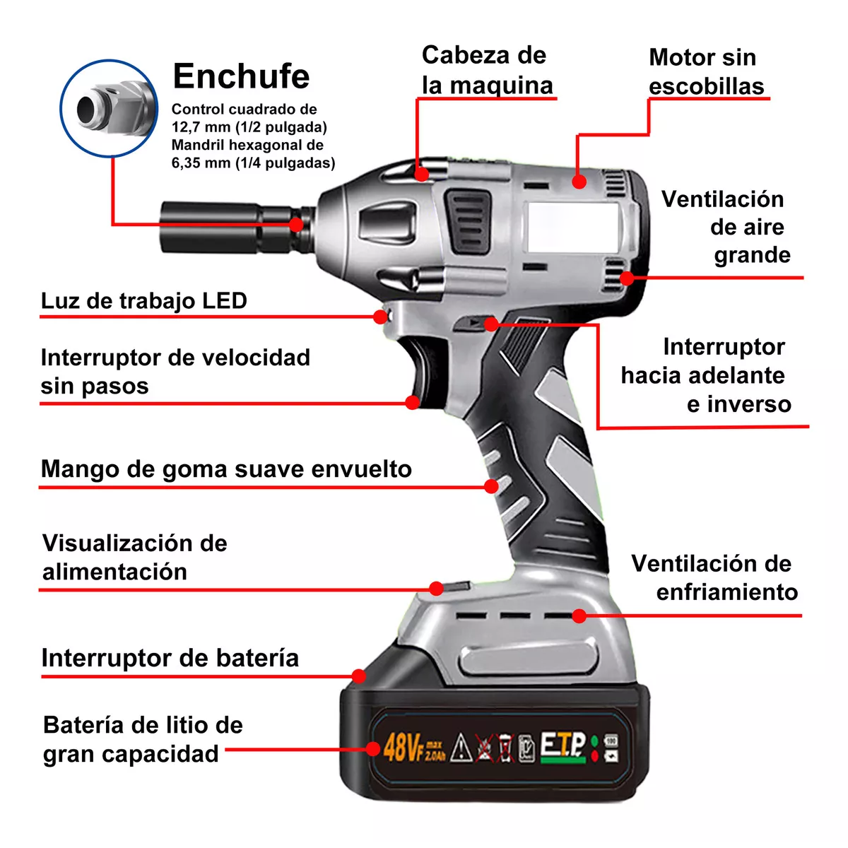 Taladro Pistola Llave Impacto Percutor Electrico Wireless Gris