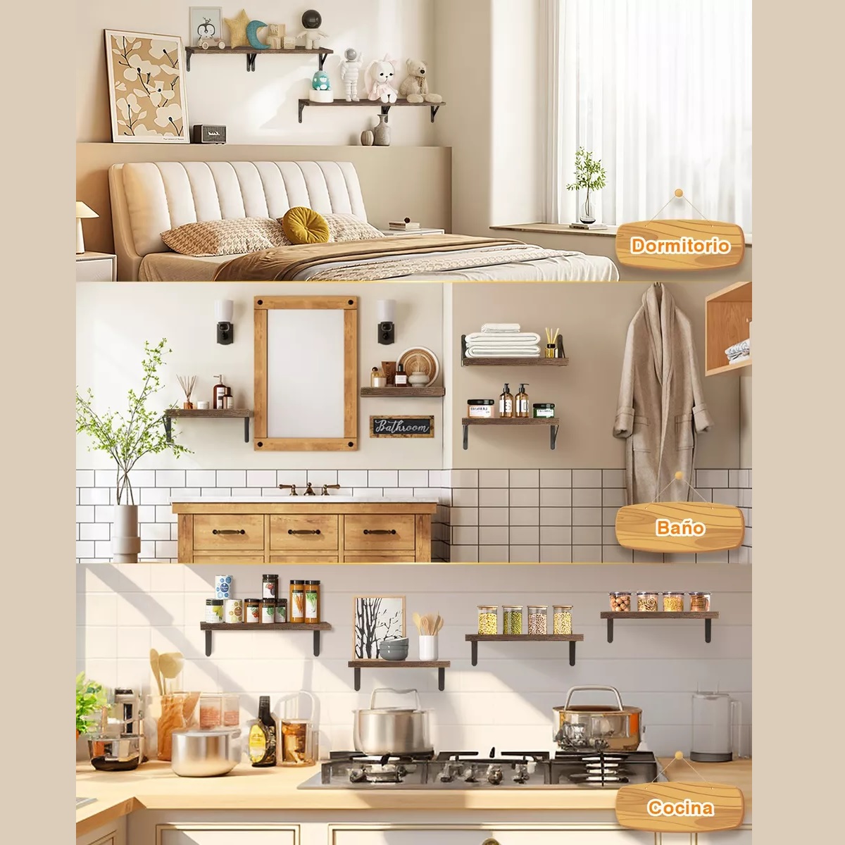 Repisas Flotantes Madera Modernas Estantes Baño Topon 4 Pzs Marron
