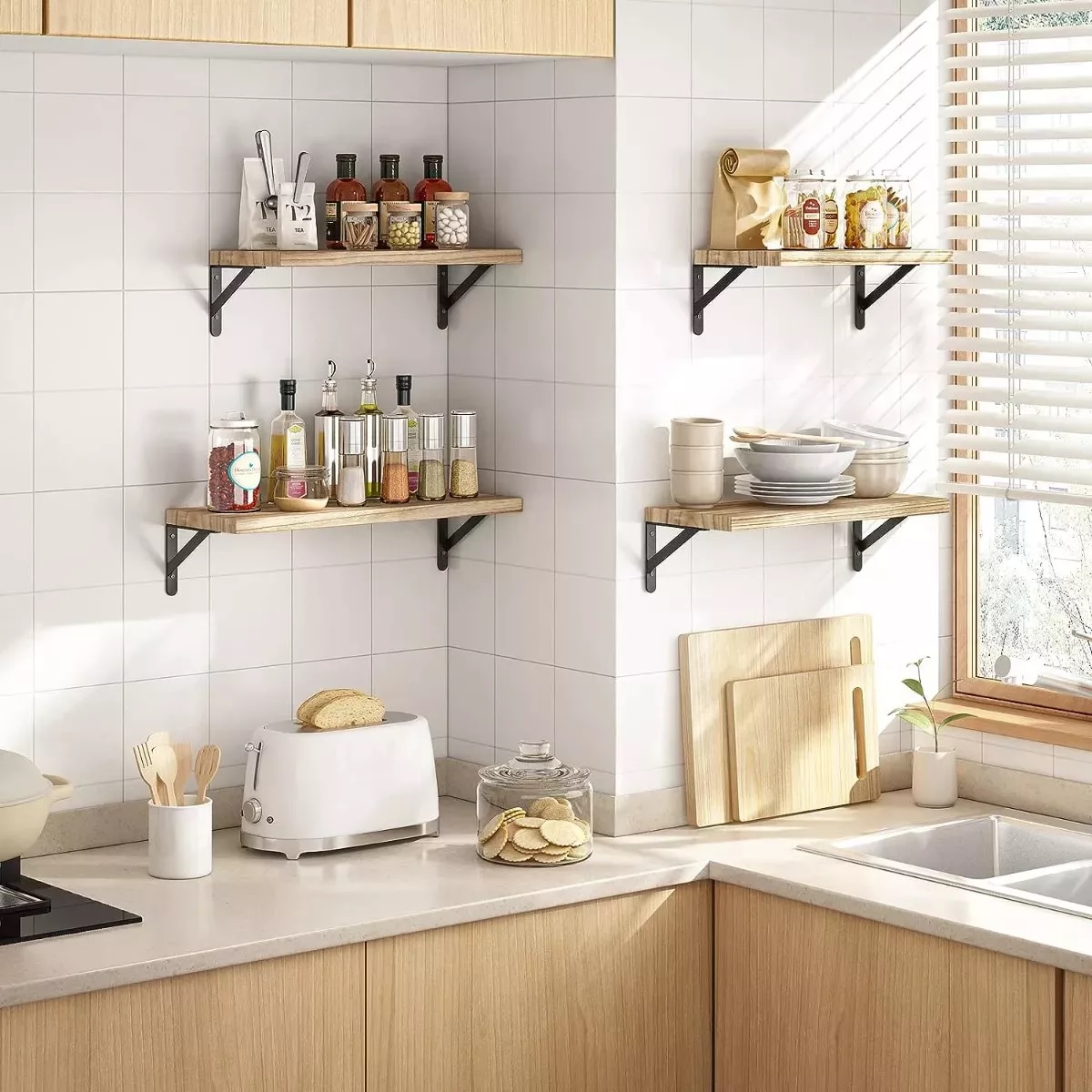 Repisas Flotantes Madera Modernas Estantes Baño Topon 4 Pzs Marron Claro