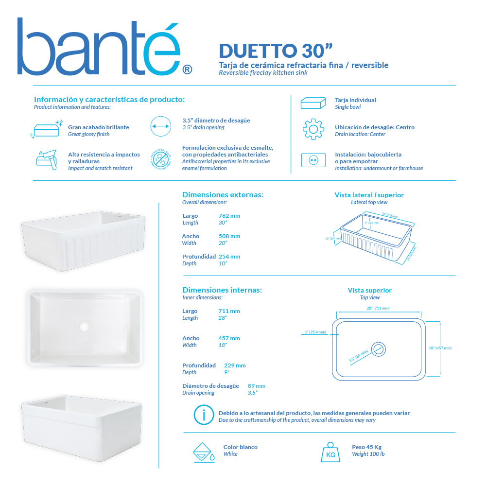 TARJA DE CERAMICA REFRACTARIA FINA REVERSIBLE DUETTO 30"