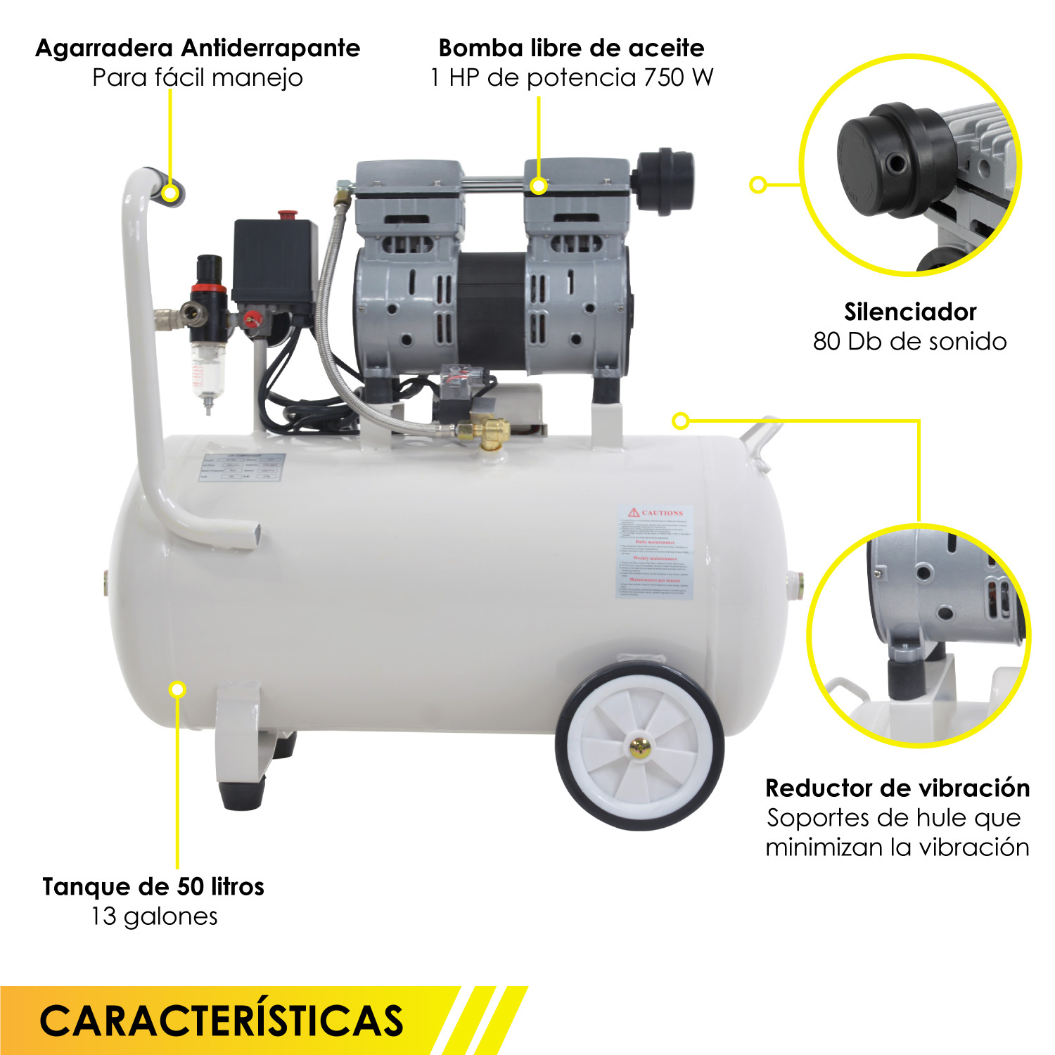 Compresor Aire Electrico 50L Silencioso 1hp 116 psi Tanque Portatil Libre de Aceite 750 W  1680 RPM Gutstark